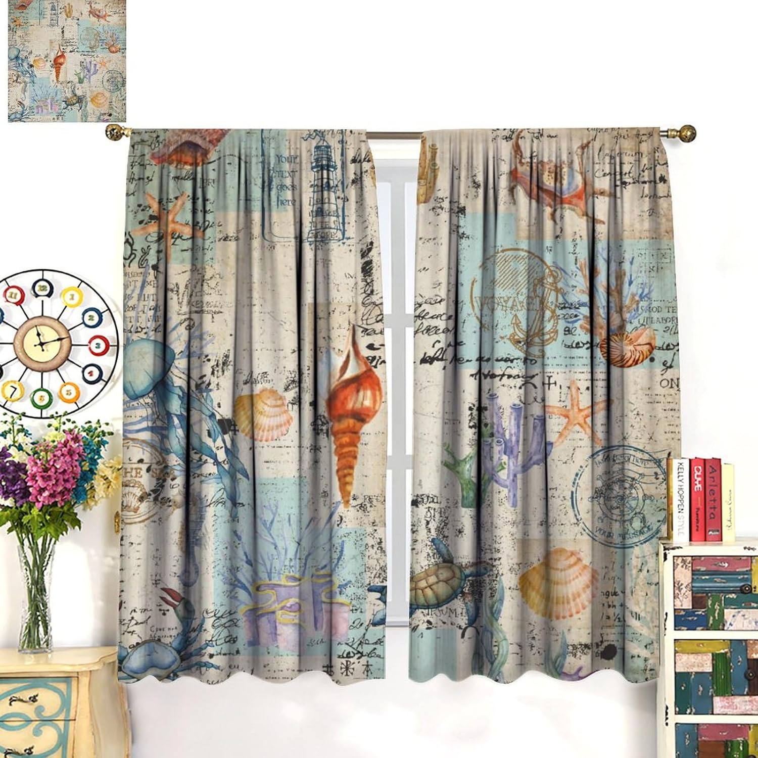 Nautical Coastal Blackout Curtain Starfish Seashell Sea Turtles Coral Beach Themed Window Drapes for Bedroom Living Room Kitchen Cafe （W21xL45 Inch） x2 Panels