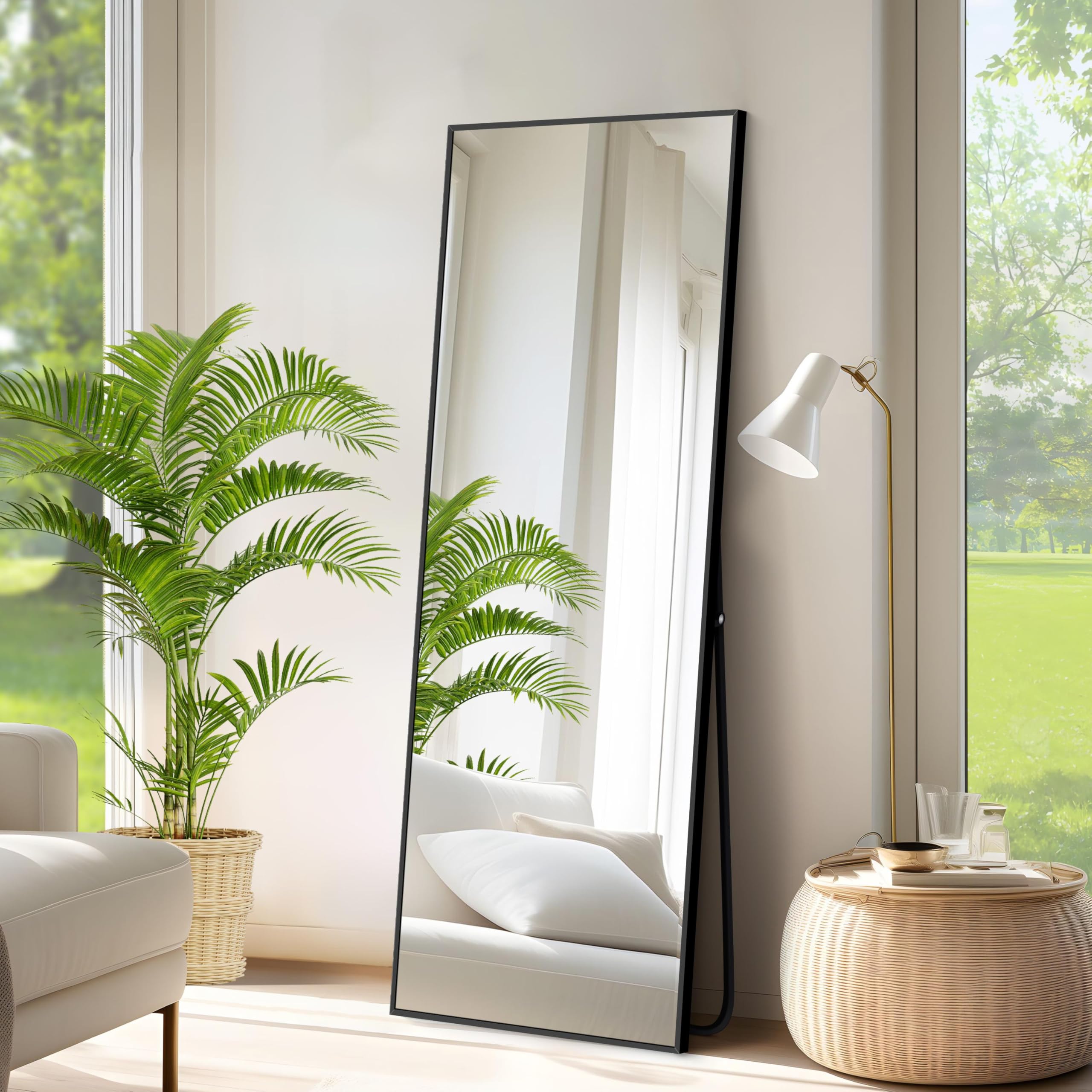 Espejo de Pie 147 x 44 cm, Gran Espejo de Pared Rectangular con Marco de Aluminio Negro, Espejo de Cuerpo Entero para Baño, Dormitorio, Entrada y Pasillo