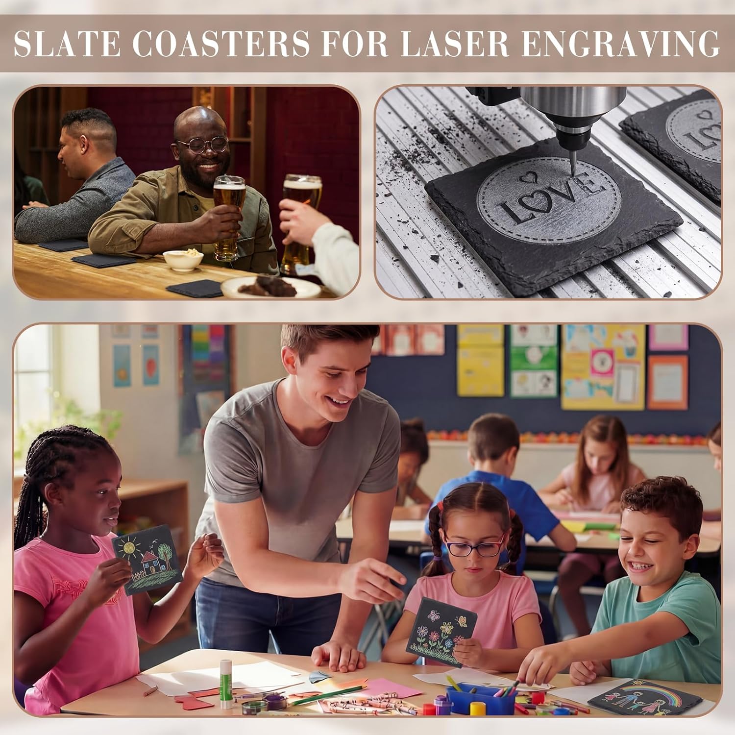 48 Pcs Black Stone Slate Coasters Bulk 4 Inch Square Blank Slate Rock Drinks Coasters with Anti-Scratch Bottom for Laser Engraving Etching Home Office Bar Gifts Housewarming Wedding Party