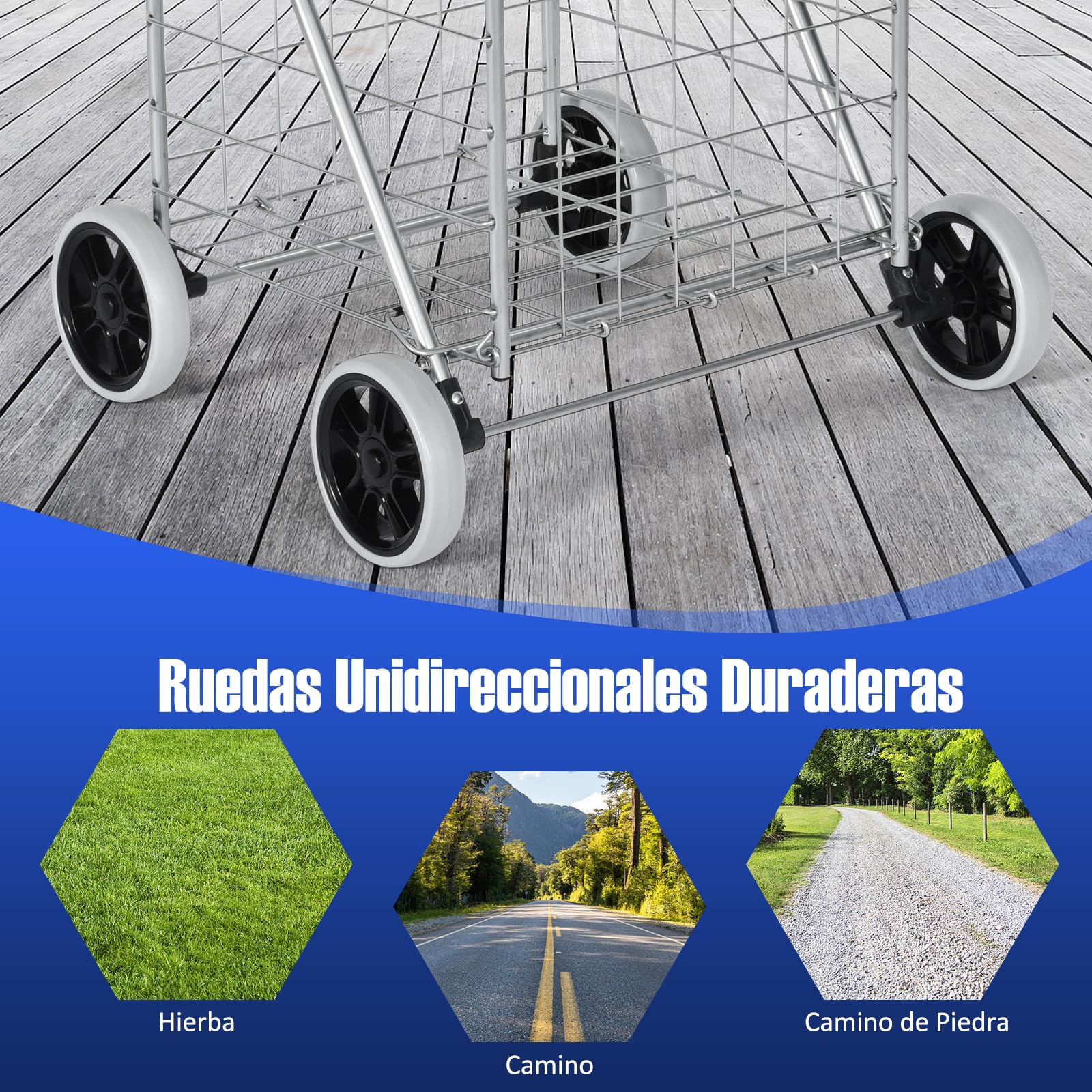 GYMAX Carrito Plegable 83 L, Carrito Multiusos Resistente con Asa y Ruedas Grandes, Carrito Versátil con Cesta de Metal para Almacenes, Supermercados y Lavandería (Plata)