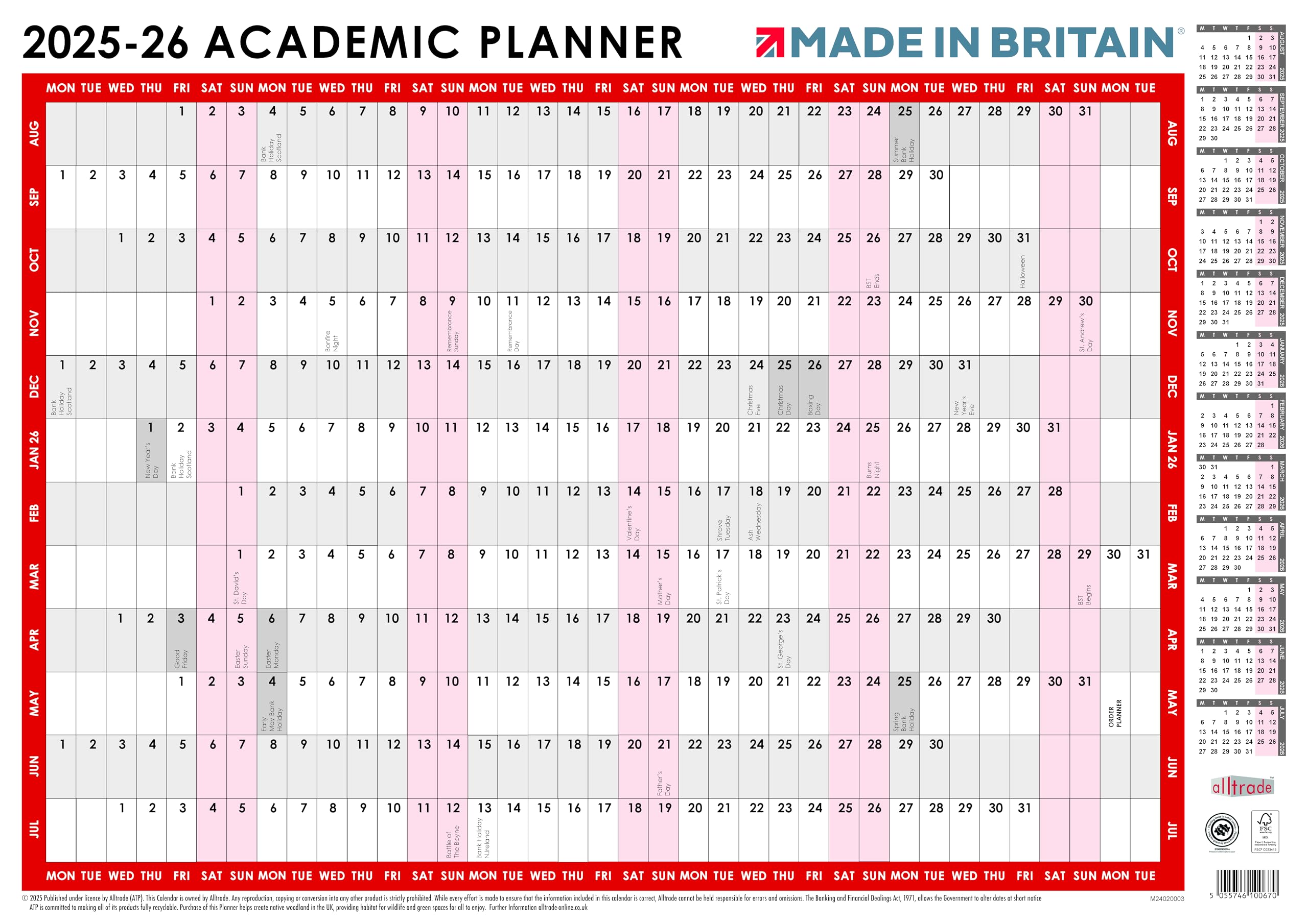 ALLTRADE A3 Academic Wall Planner 42cm x 29.7cm August 2025 - July 2026, UK Holidays, MADE IN BRITAIN® printed on Premium FSC® paper Carbon Captured by planting trees in UK Woodlands