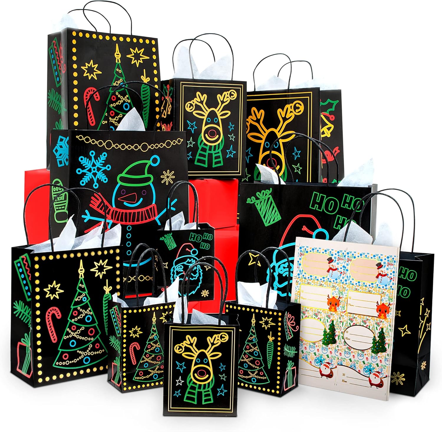 Christmas Holiday Glow-in-The-Dark Gift Bag | 22 Piece 11 Bags of 4  Different Designs, 3 Sizes Large Medium Small, 10 Stickers Labels, 11 White  Tissue ...