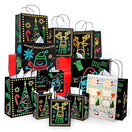 Christmas Holiday Glow-in-The-Dark Gift Bag, 22 Piece 11 Bags of 4 Different Designs, 3 Sizes Large Medium Small, 10 Stickers Labels, 11 White Tissue Papers, Gift Set with Unique Luminous Festive