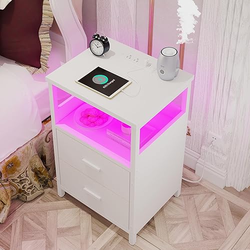 Miniatura 14 de Mesita de noche con estación de carga, mesa auxiliar de tela y madera 2 en 1, lado para espacios pequeños, mesitas de noche grises, puertos USB y