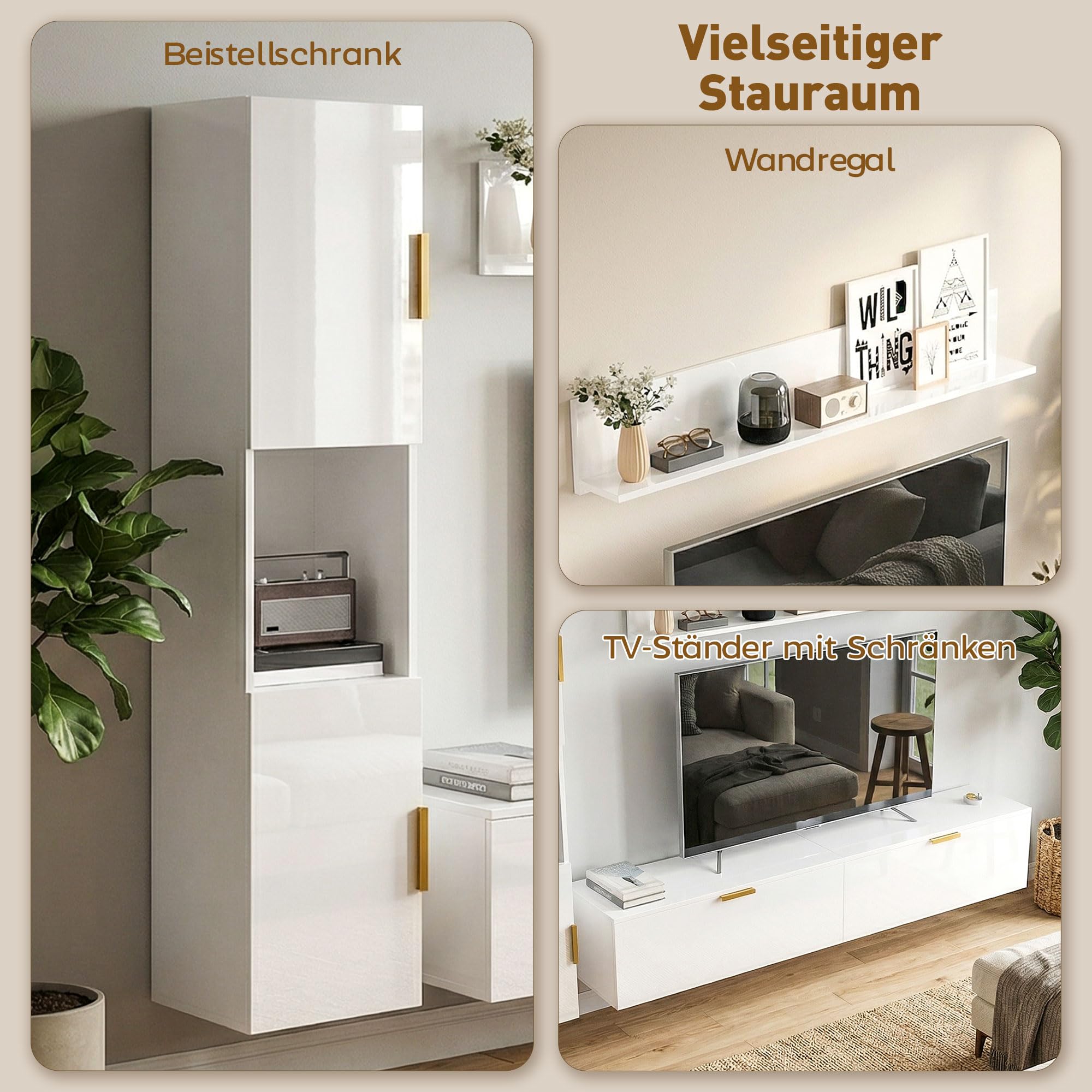 HOMCOM Meuble Mural pour Salon avec étagère Murale et Armoire de Rangement, Ensemble TV 3 pièces, Meuble TV avec Portes battantes, pour téléviseurs jusqu'à 55 Pouces, Blanc Brillant