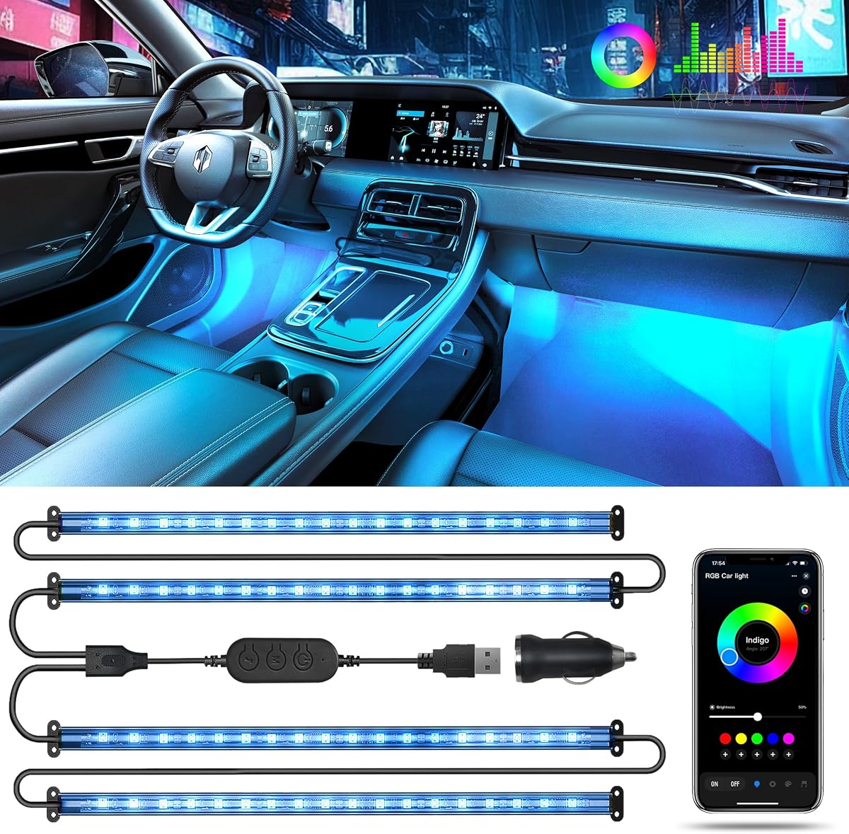 Smart RGB Car LED Strip Lights, 48 LED Interior Light with APP Control | Under Dash Car Strip Light with Music Mode and DIY Mode, 2 Lines Design with Charger, Ambient Lighting for Cars SUVs Trucks