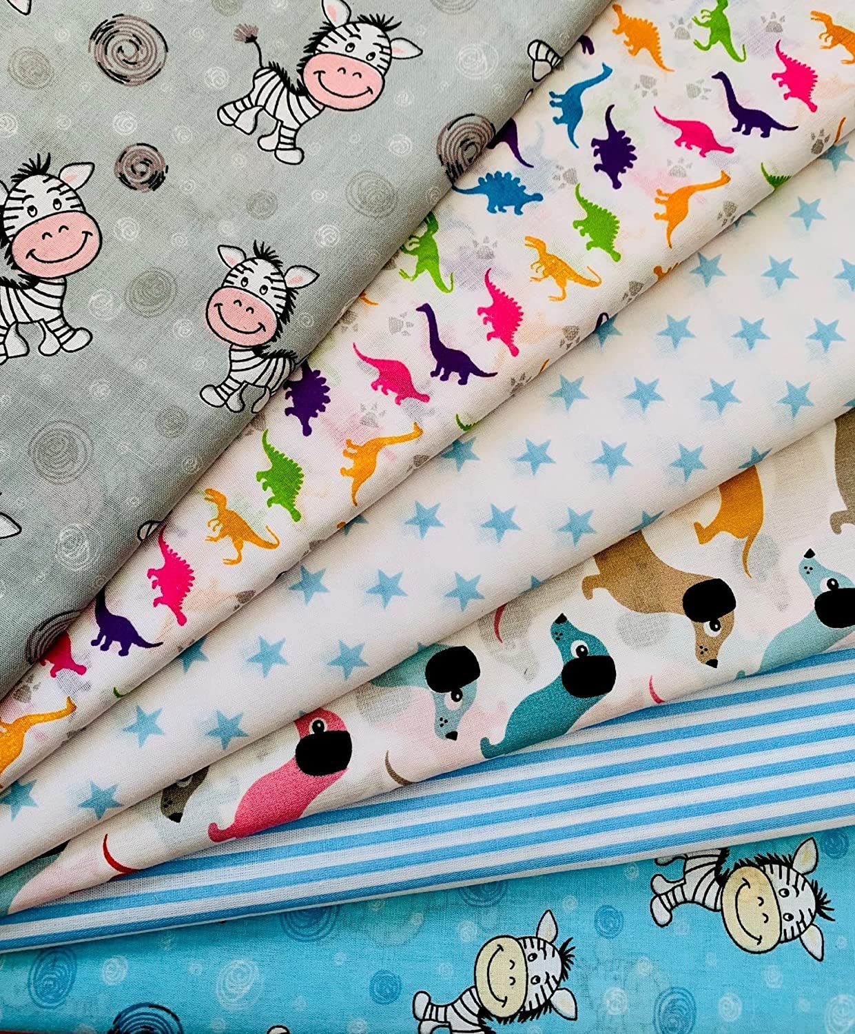 Simply Sew Crafty Multicoloured X 5 Half Metre Children's Fabric Bundle Includes Dinosaurs Stars Dogs Zebras - Ideal For Fashion Projects, Quilting, Fat Quarters And Crafts