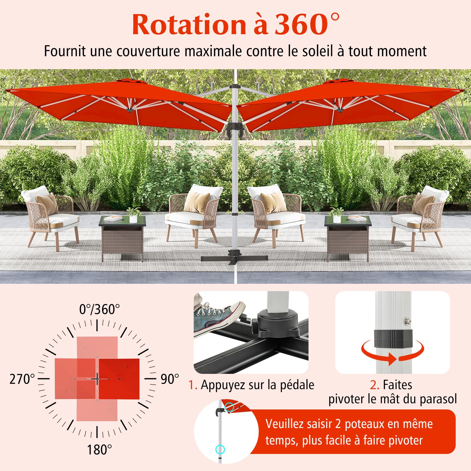 RELAX4LIFE Parasol Déporté 3x3M Inclinable 7 Positions (Orange)