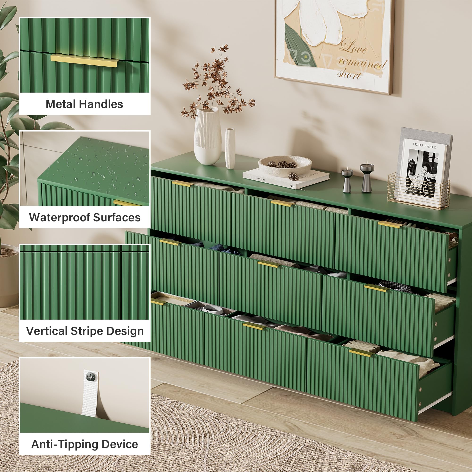 Amazon.com: Furniway Green Dresser for Bedroom, Modern Dresser with 9  Drawers and Smooth Slides, Wide Chest of Drawers with Golden Handles for  Bedroom, Living Room, Closet, 15.7