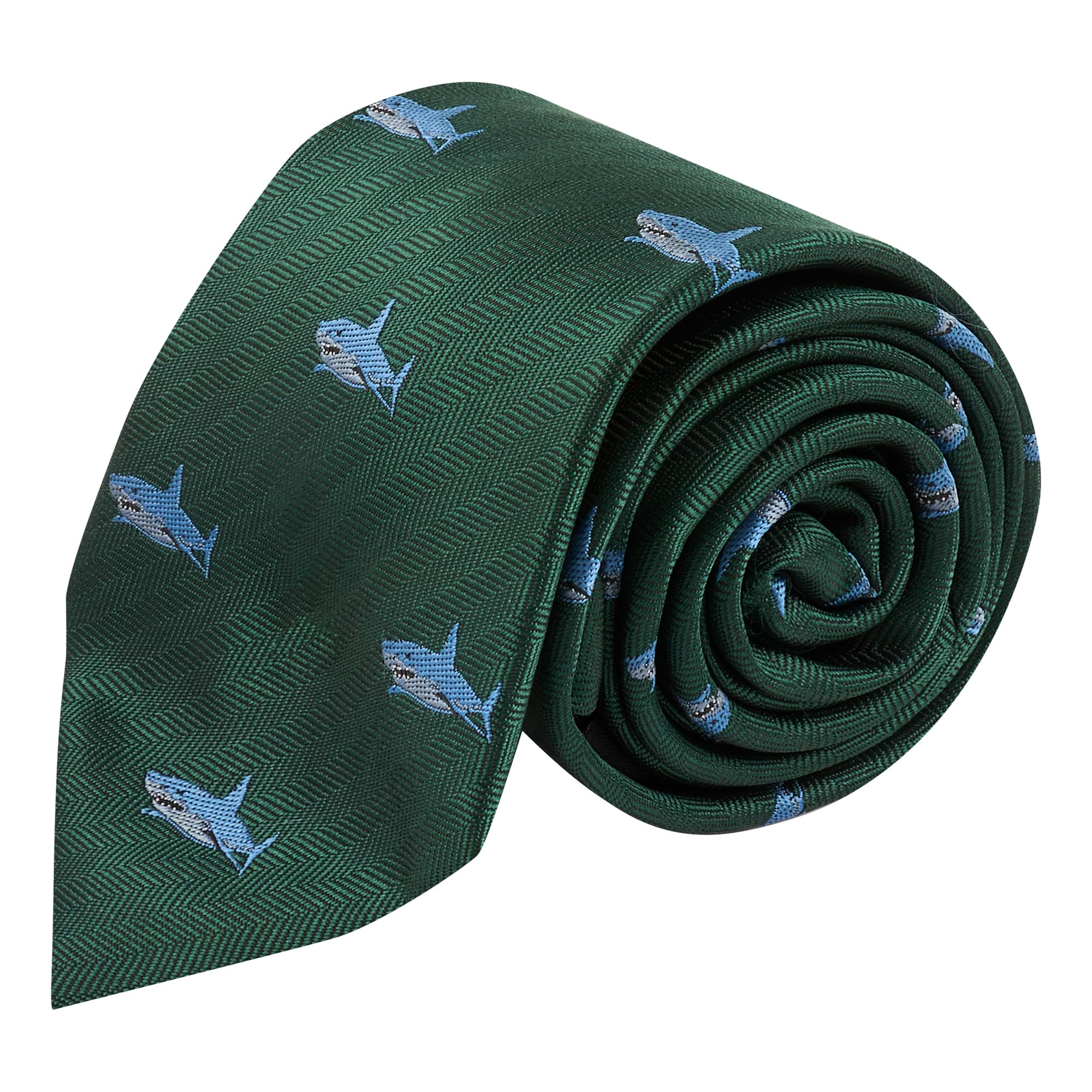 King & Priory Shark Dark Green Herringbone Embroidered Tie