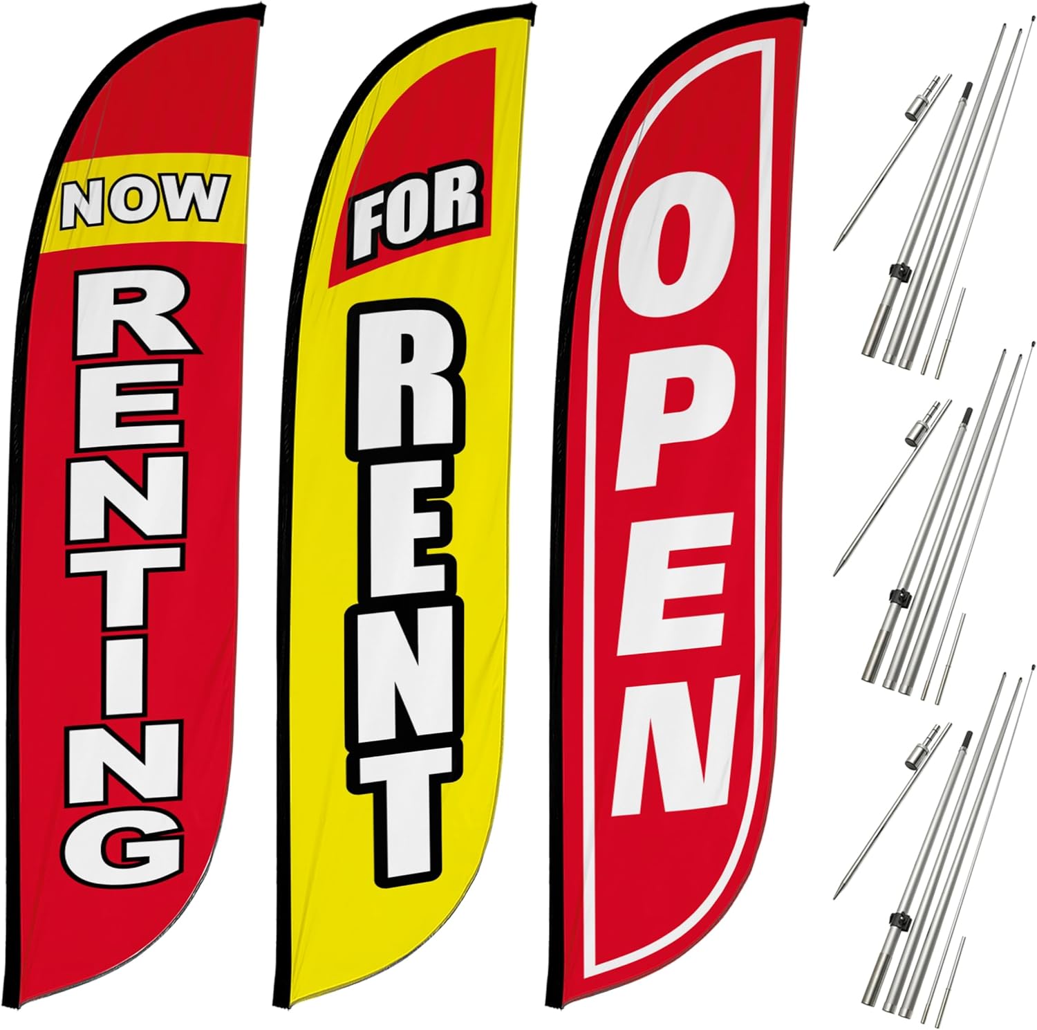LookOurWay Real Estate Themed Feather Flag Pole Kit 3-Pack - 12 Feet Tall Now Leasing Advertising Flags with 3 Banners, 3 Pole Sets, and 3 Ground Spikes (Now Leasing Blue, Apartments Available, Now Yellow)