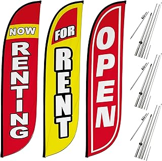 LookOurWay Real Estate Themed Feather Flag Pole Kit 3-Pack - 12 Feet Tall For Rent Advertising Flags with 3 Banners, 3 Pole Sets, and 3 Ground Spikes (Now Renting, For Rent, Open Red/White)