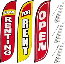 LookOurWay Real Estate Themed Feather Flag Pole Kit 3-Pack - 12 Feet Tall For Rent Advertising Flags with 3 Banners, 3 Pole Sets, and 3 Ground Spikes (Now Renting, For Rent, Open Red/White)
