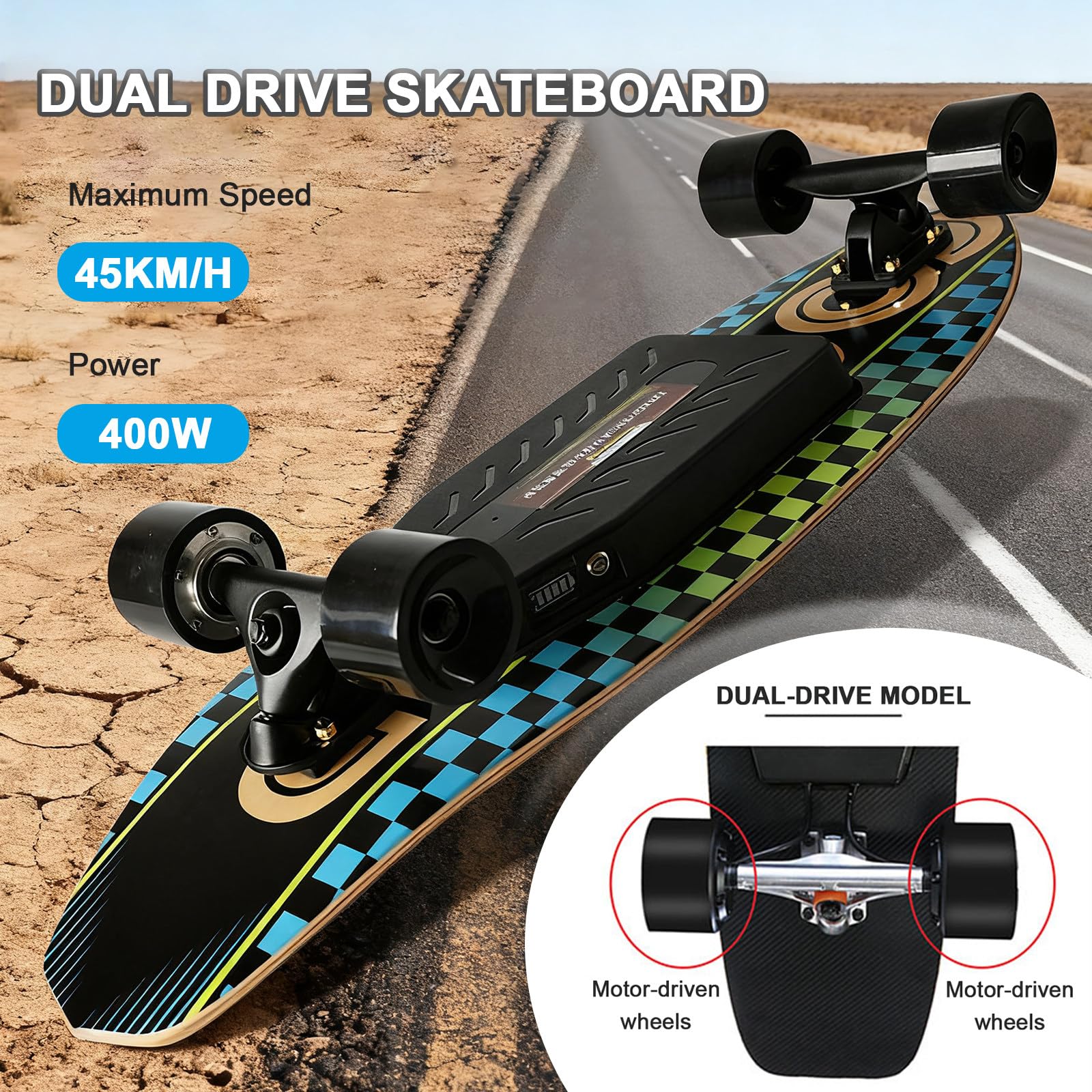 Skateboard elettrico per adulti, Dual Drive, velocità 45 km/h, autonomia 16 miglia, 30% di salita, ideale per passeggiate in città e in parco
