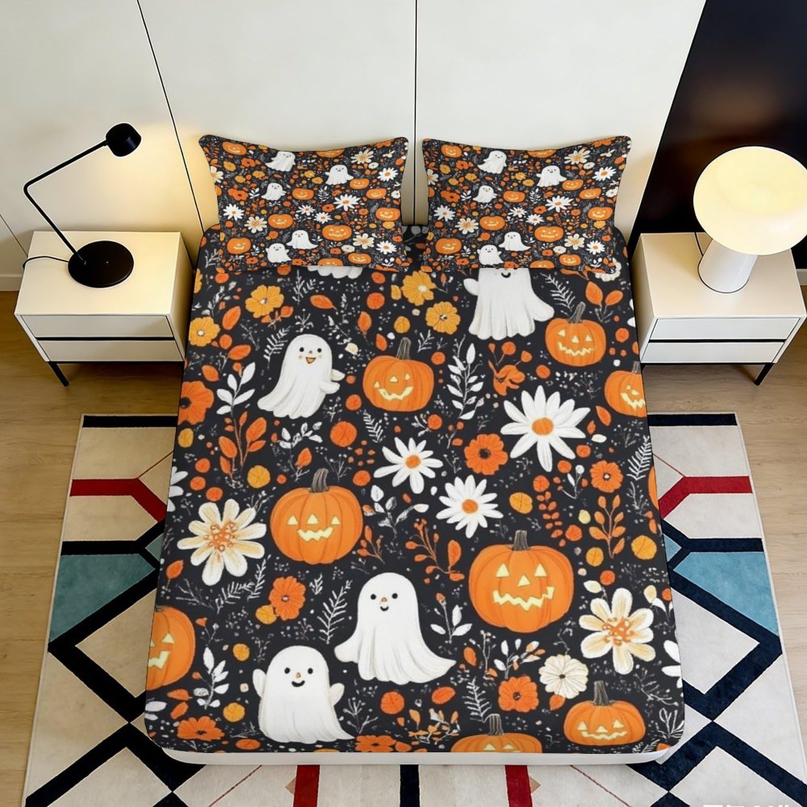 3D Printed Halloween Ghost Fitted Sheet Microfiber Orange Pumpkin Mattress Cover for Bedroom Guest Room Decor Dustproof Washable 90x200x25cm