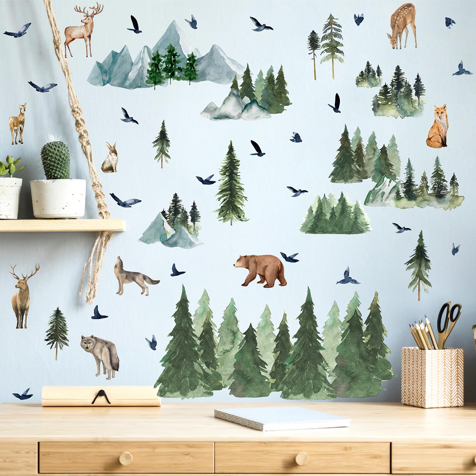 MOSITU Woodland Animal Wall Stickers 49 Pcs 2 Sheets Watercolour Forest Decals with Pine Trees Bear Deer Fox for Kids Bedroom Nursery Decor - Image 4
