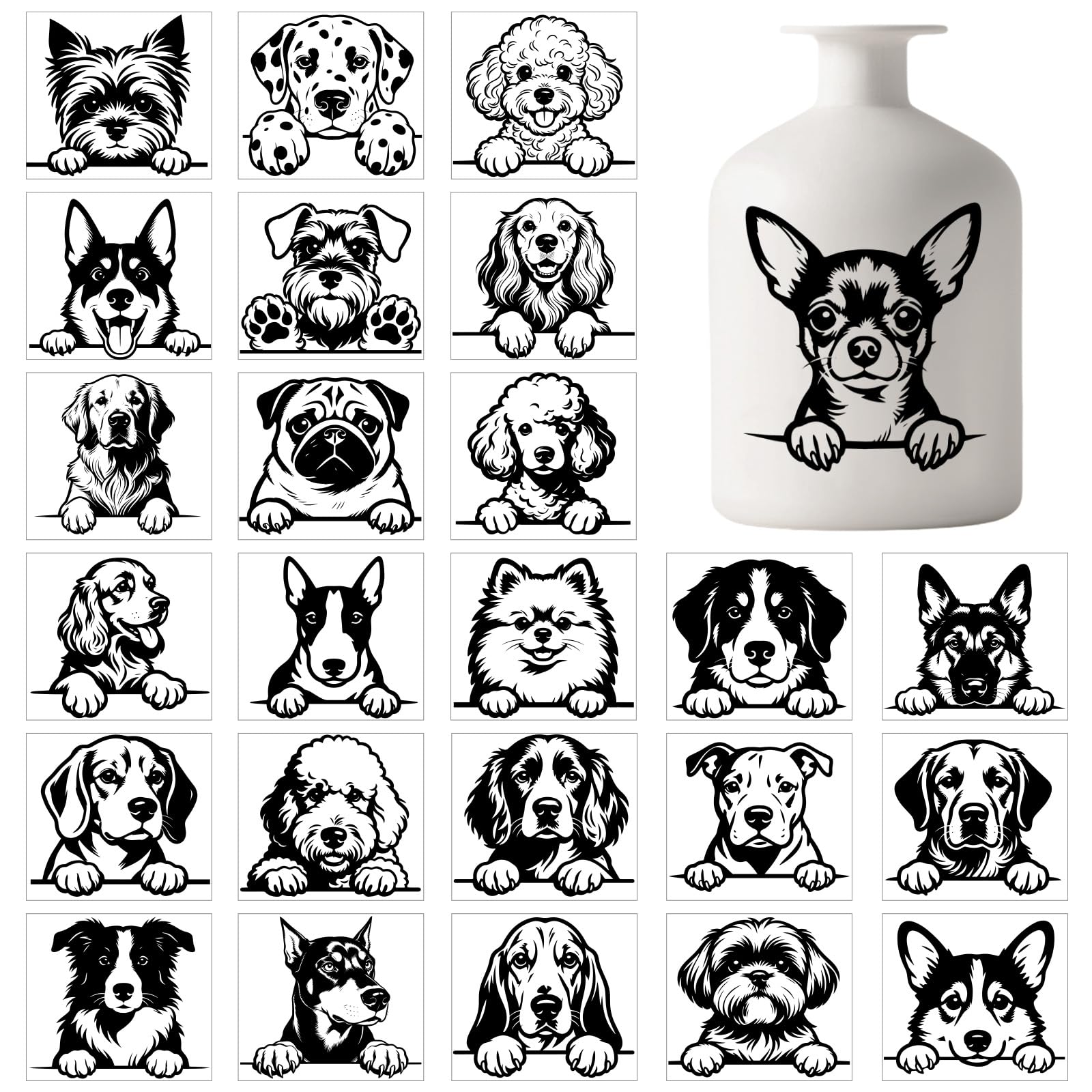 GLOBLELAND 25 Sheets Cute Peeking at Dog Lantern Stickers for Jar Black White Puppy Sticker Decals Cartoon Animals Adhesive Lantern Stickers Decals for Crafting Vase Windows Door Office