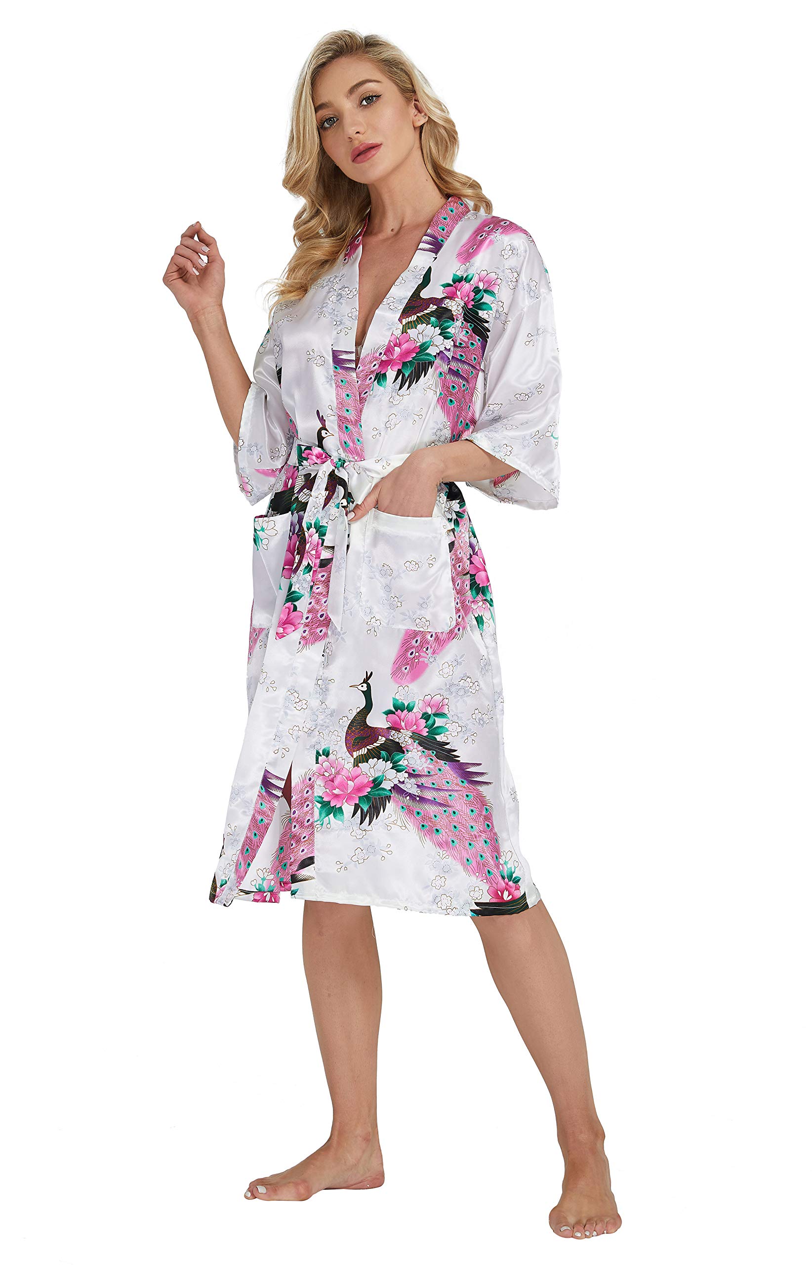 Westkun Kimono Japones Mujer Albornoz Vestido de Satén Pavo Real Novia Pijamas Largo Sexy y Elegante de Seda Bata Camisón Robe Lencería Cardigan