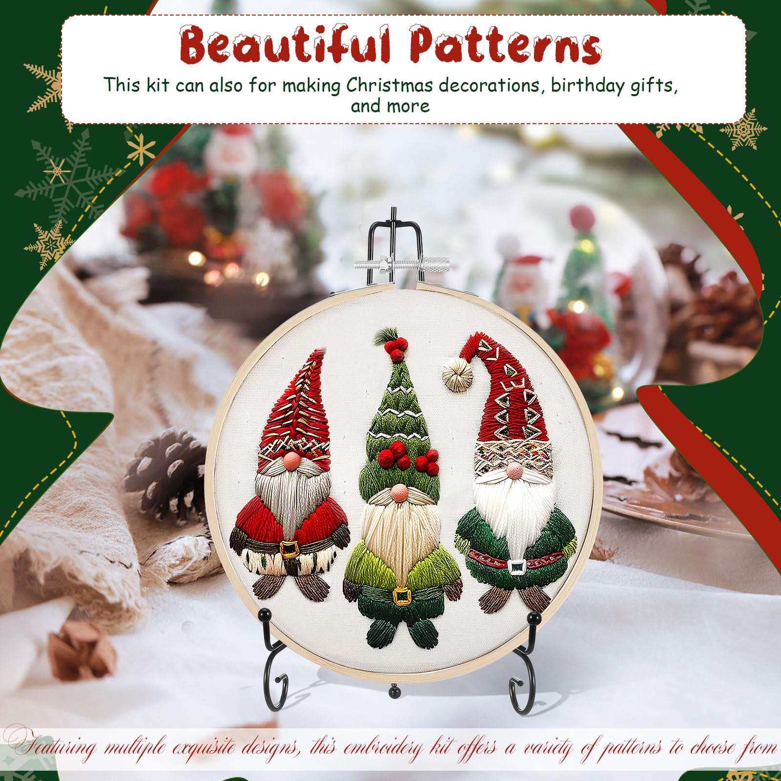 KAJNBN Kit de Bordado Navideño para Principiantes, 4 Piezas Bastidor de Bambú de 15 Cm, Algodón y Lino, Incluye Tijeras Rosas y Herramientas para Manualidades, Adecuado para Decoración