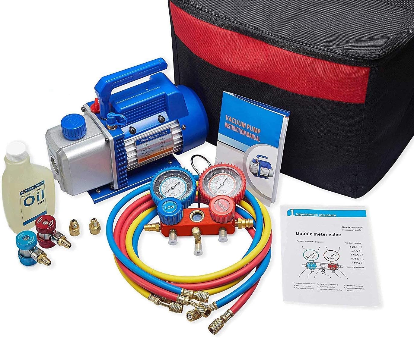 New Position 4CFM 1/3HP Air Vacuum Pump HVAC A/C Refrigeration Tool Kit AC,Auto Repair Equipment,Manifold Gauge Set(R134A R22),3 Hoses