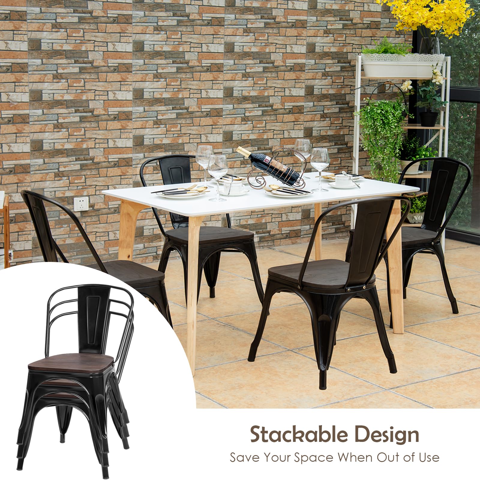 LIFEZEAL Juego de 4 sillas de Comedor industriales (Negro)
