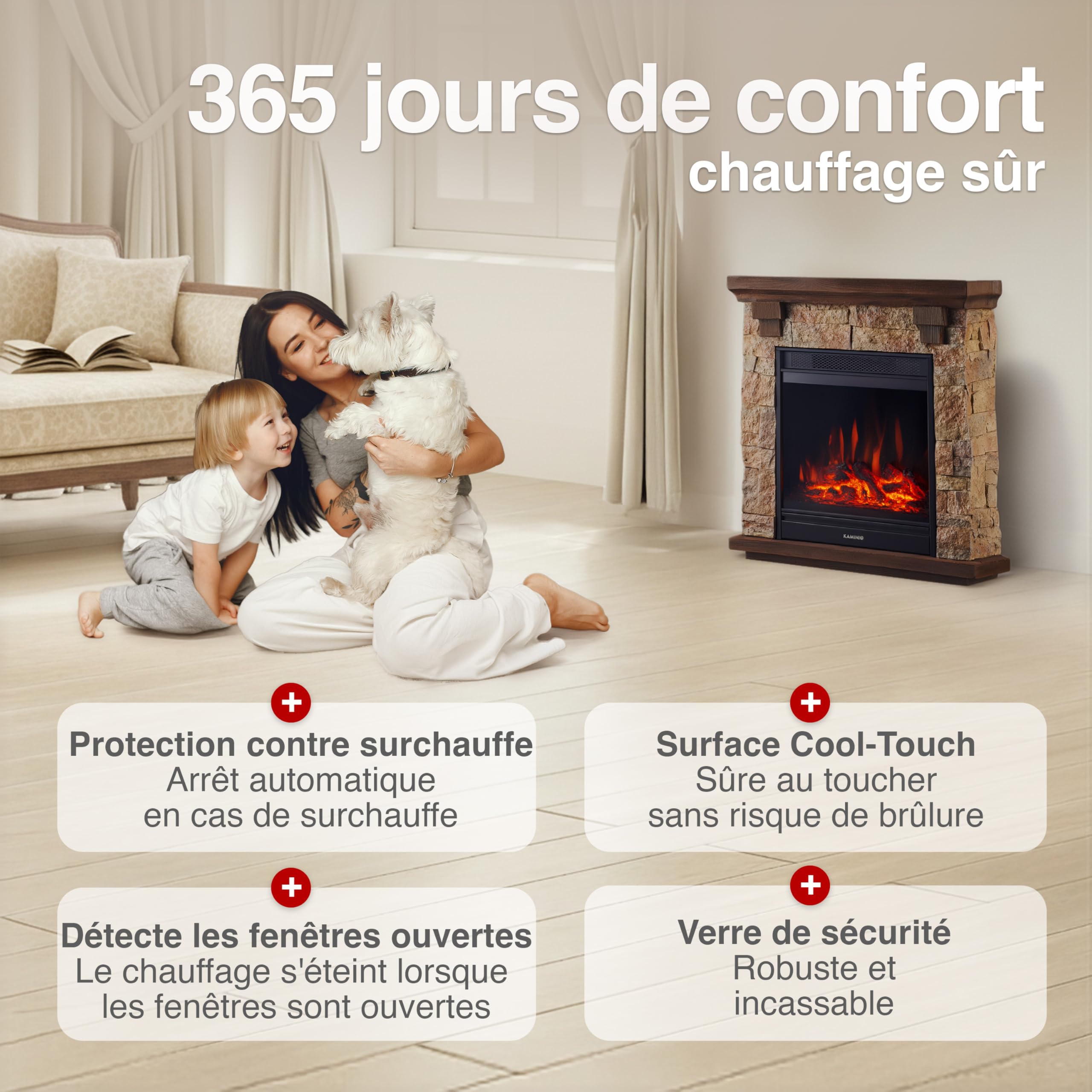 KAMINIO Cheminée électrique Juan - Cheminée sur Pied Aspect Pierre avec Fonction Chauffage, Effet Flammes 3D, télécommande (Beige)