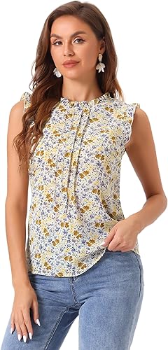 Allegra K Blusa sin mangas para mujer, con volantes, para oficina, negocios, estilo vintage de los años 50, blusas florales