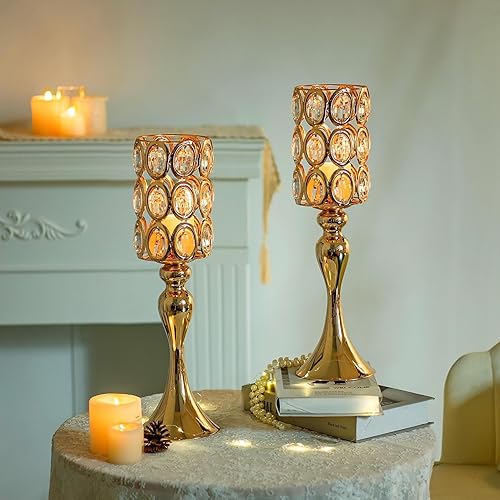 Miniatura 3 de Juego de 2 jarrones versátiles dorados soportes de flores de 18 pulgadas de alto con piedras brillantes, jarrón dorado de trompeta para boda, para