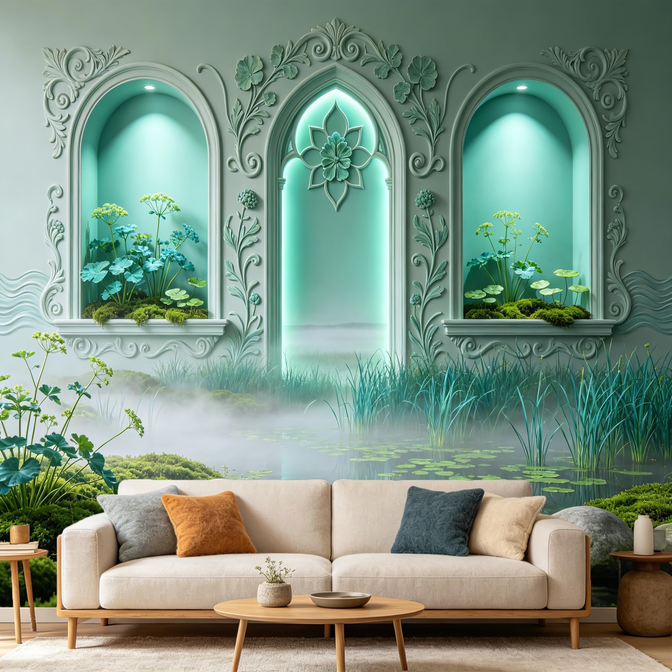 Custom Size Wall Mural， 3D Archway Pond Botanical Zen Mist， SelfAdhesive Art Prints wall Fabric Removable Large Wallpaper Home Living Room Decor Aesthetic Interior Wall Mural