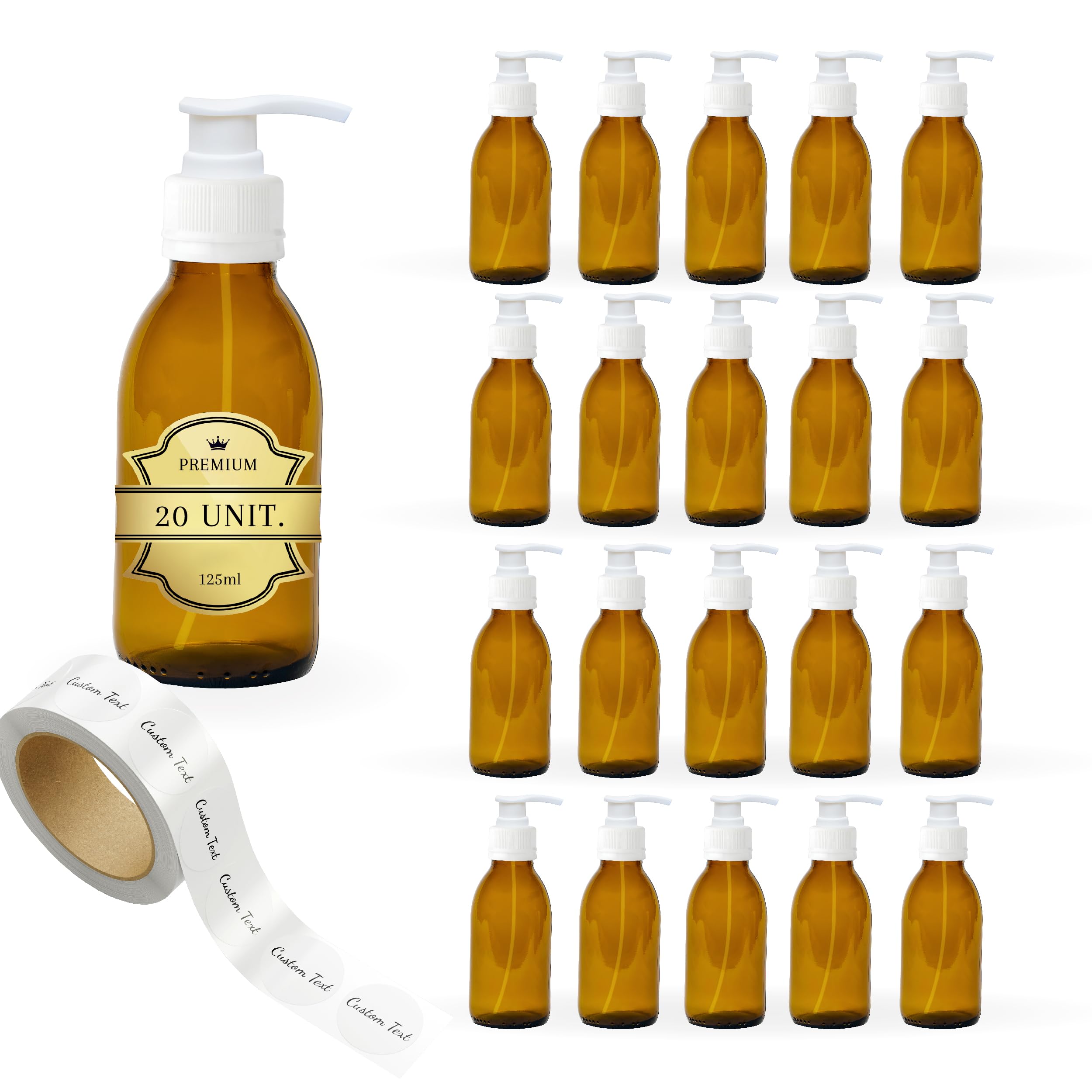 Skincare - Lote de 20 botellas de cristal ámbar de 125 ml con tapa de bomba dosificadora + 20 etiquetas personalizadas, aceites esenciales, cosméticos, productos para el baño, dispensador de jabón