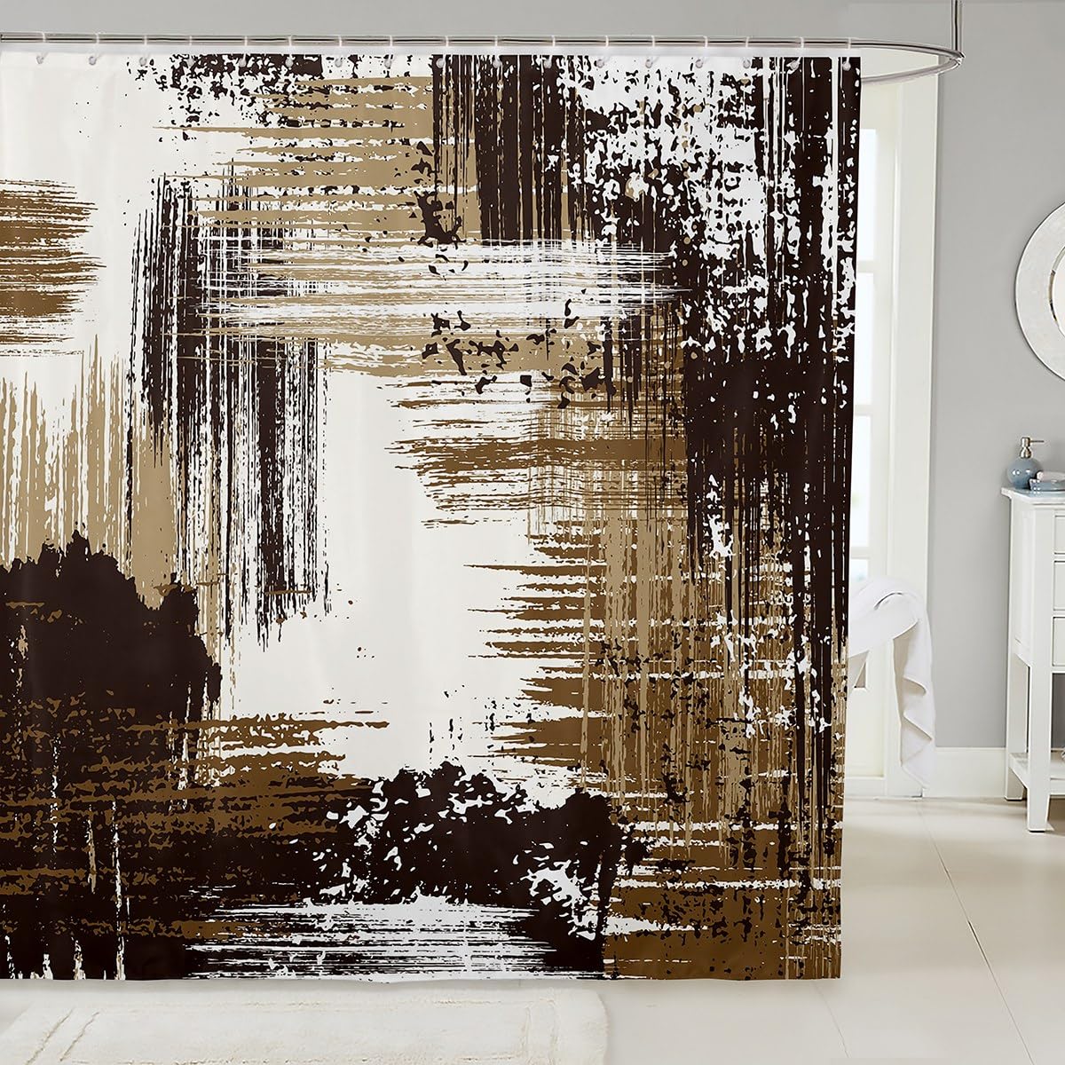 Manfei Abstract Shower Curtains Modern Abstract Art Bathroom Curtains for Kids Boy Children, Grunge Style Brown White Waterproof Bath Curtains with 12