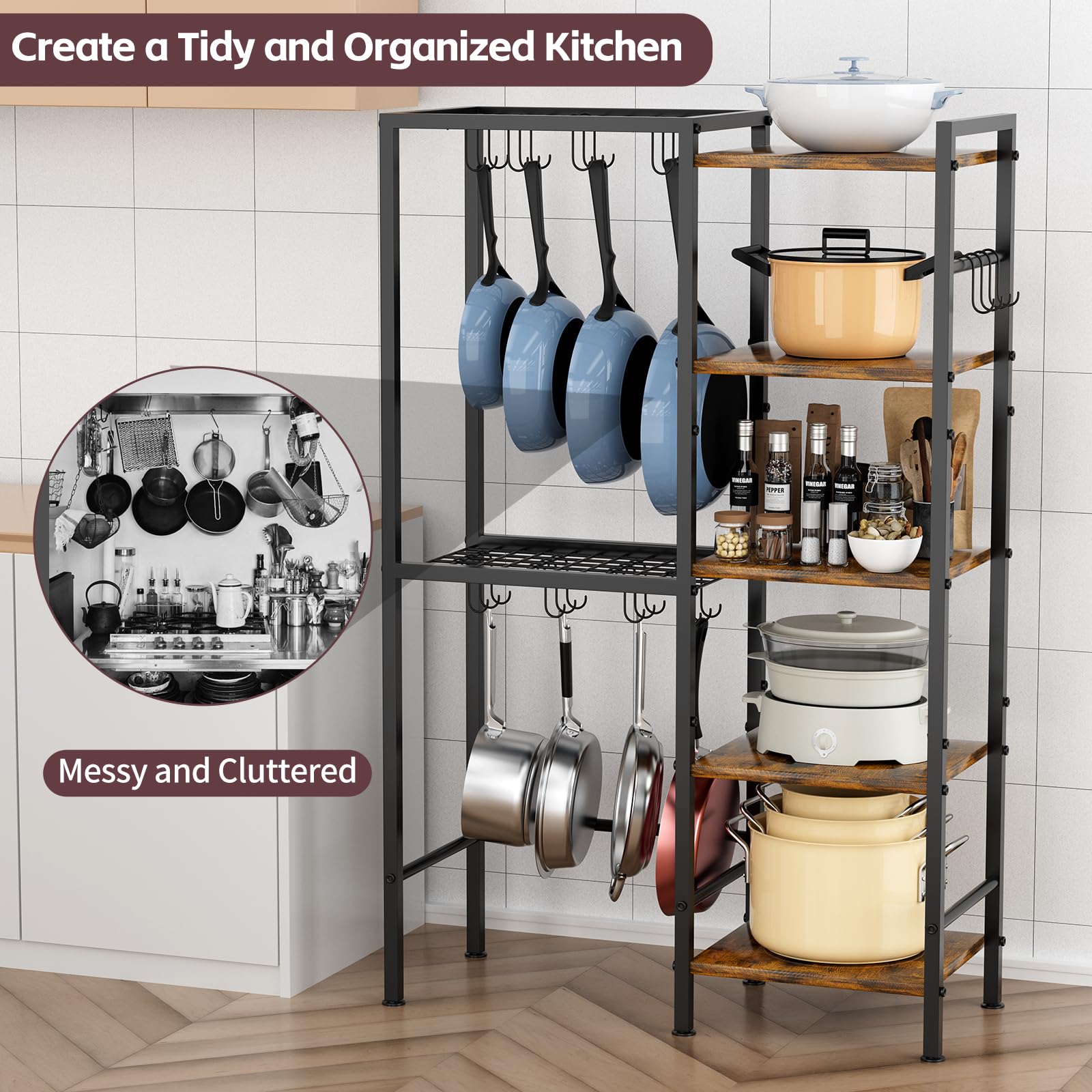 OMISRUIS 5-Tier Pot and Pan Organizer Rack with Hooks, Heavy-Duty Kitchen Storag — product photo