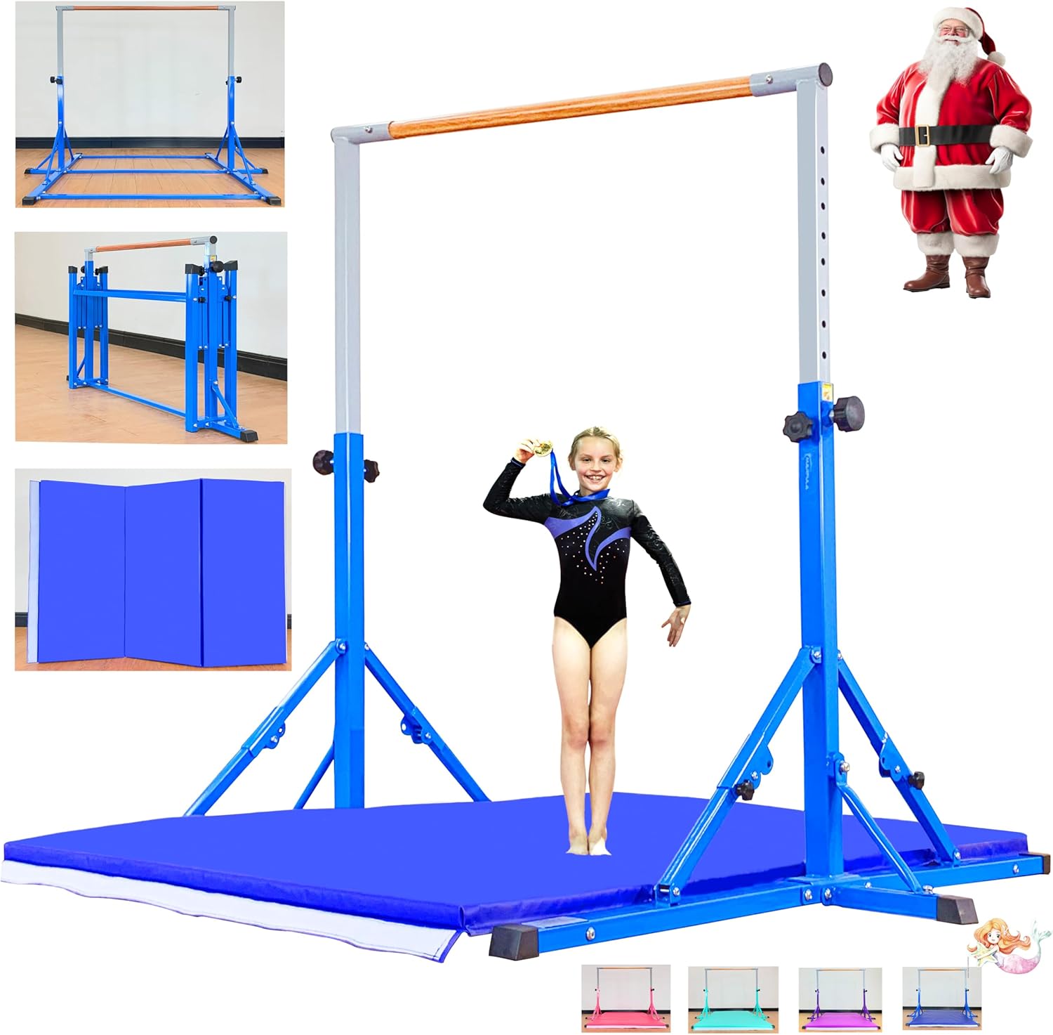 Marfula Gymnastic Bar For Kid and Teenage of 3-25, 5Ft/8 FT Base Length 4Ft Width 5Ft Adjust Height, Gymnastic Kip Bar For Gymnast, Gymnastic Training Equipment For Professional Training Home Club Use Bar With Mat-Blue (5 Ft Base)