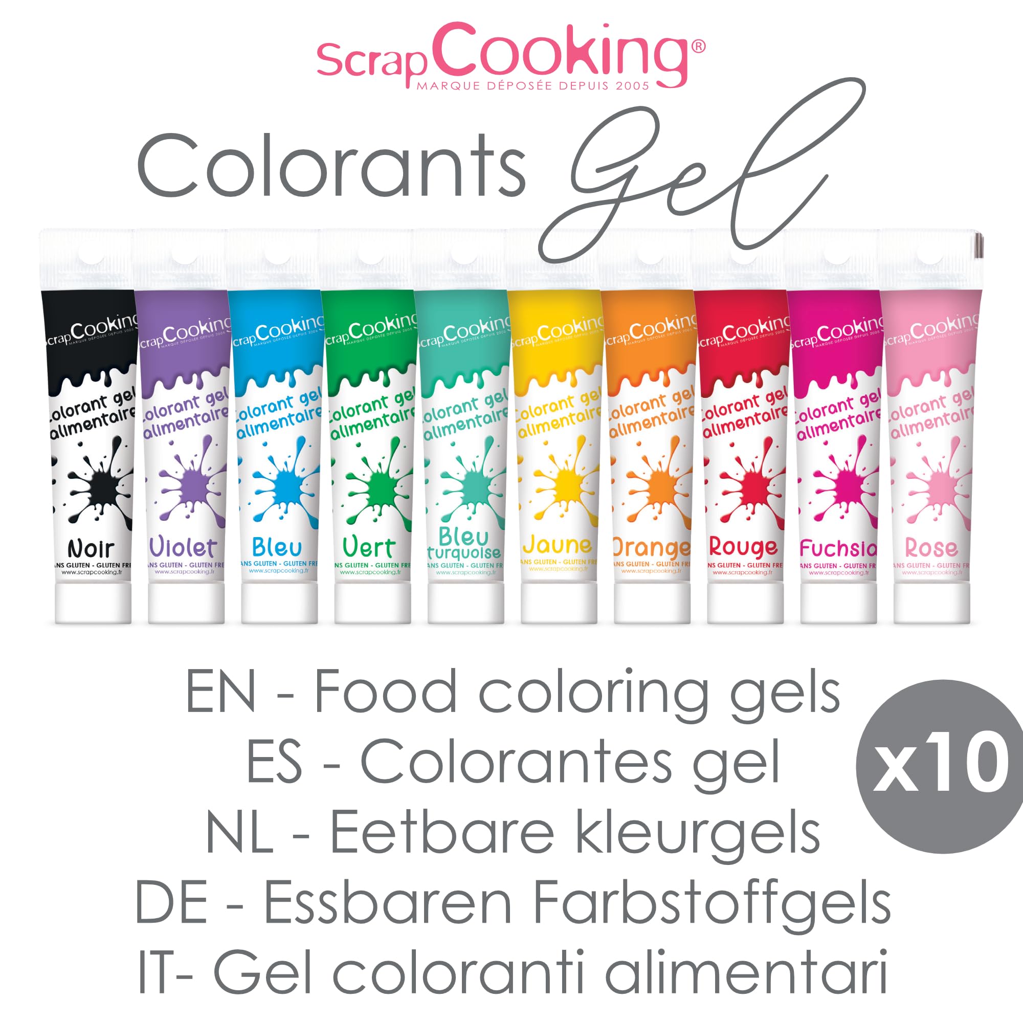 ScrapCooking - Coffret 10 Colorants Alimentaires en Gel - Colorants Pâtisserie 10 x 20 g - Rouge, Bleu, Jaune, Vert, Noir, Rose - Pour Desserts, Gâteaux & Biscuits - 7124