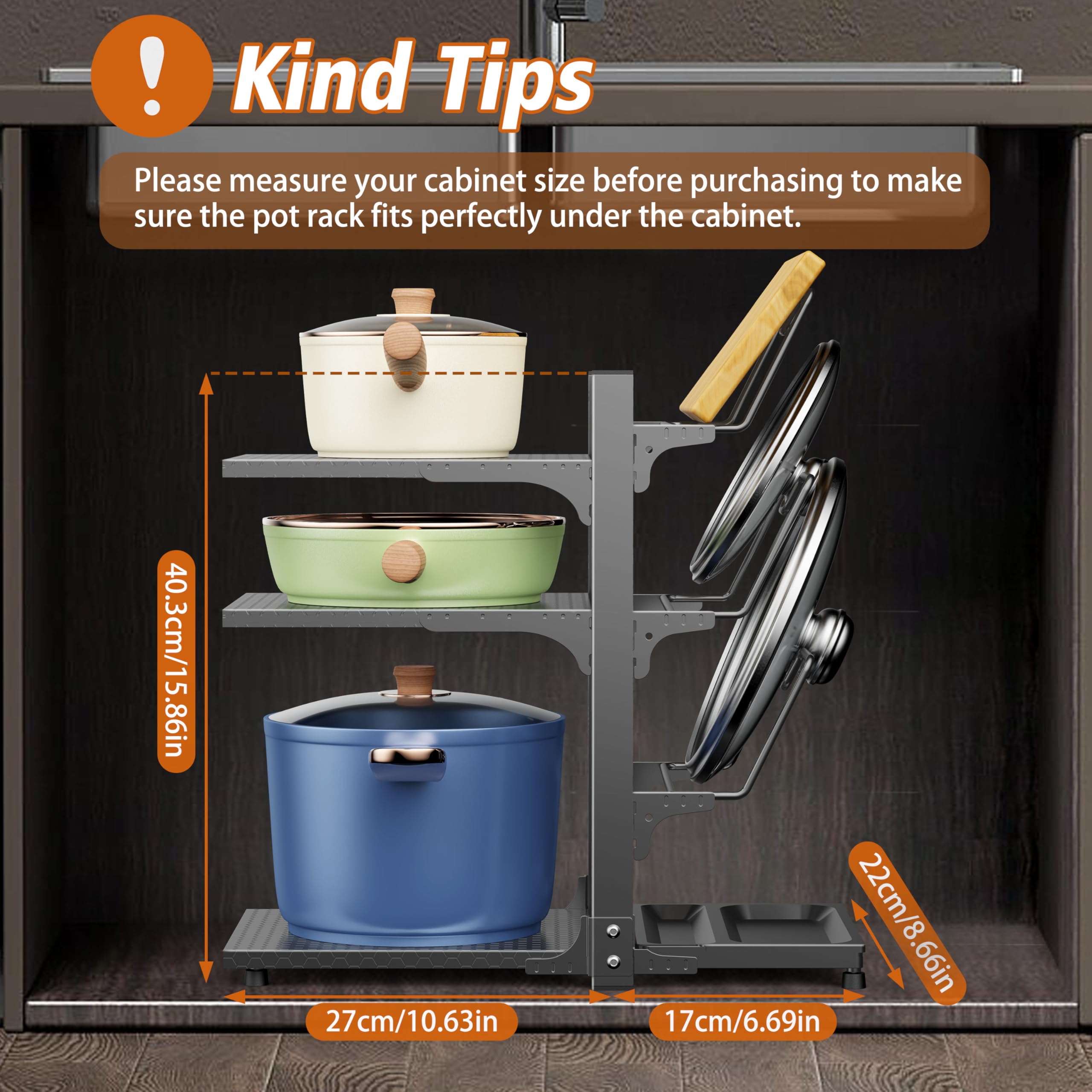 BYTANA 3 Tiers Adjustable Pan Rack Organizer for Cabinet, Pots and Pans Organizer Under Cabinet with Panels, Heavy Duty Adjustable Pan Organizer Rack for Under Sink Organizers and Storage