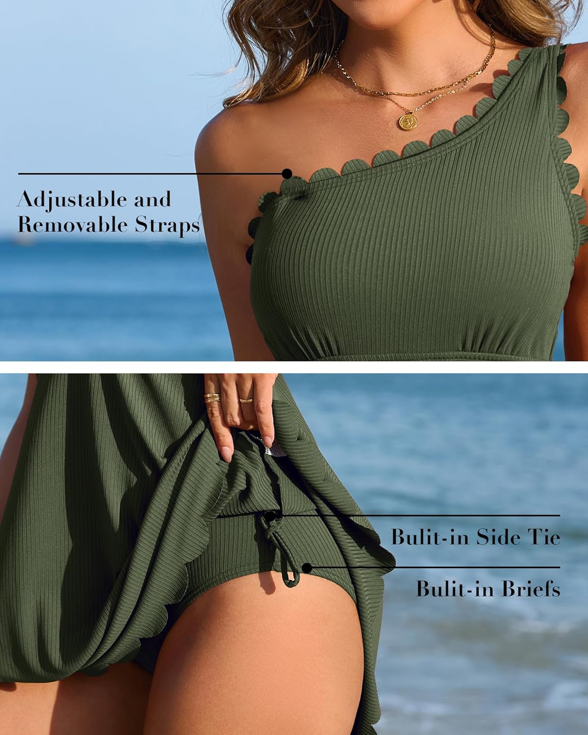 Charmo Ribbed One Shoulder Swim Dress Scalloped Tummy Control Swimsuits for Women Swimwear Built-in Side Tie and Briefs - Image 4