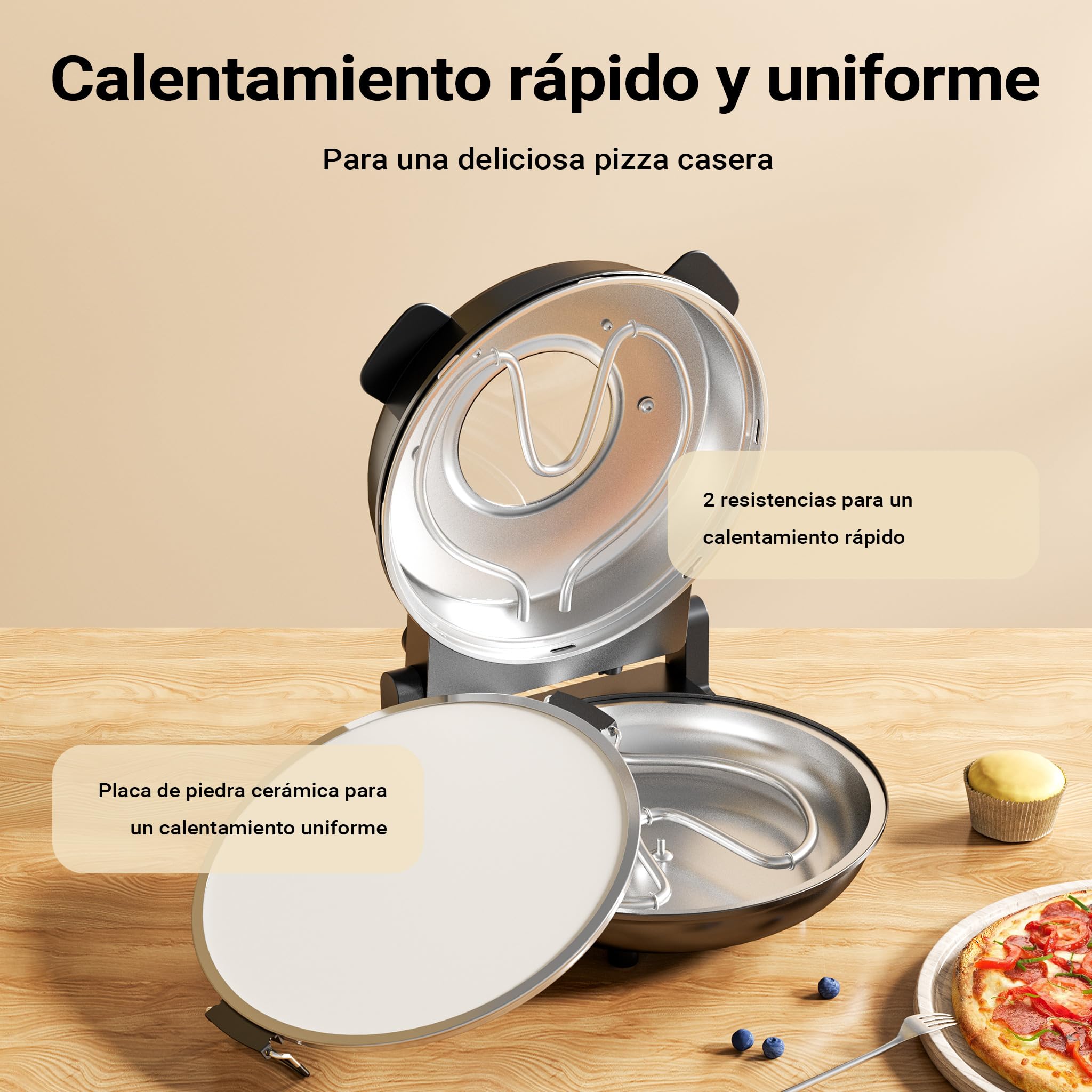 Horno de pizza eléctrico con piedra refractaria Ø32cm máx. 400°C con temporizador y ventanilla