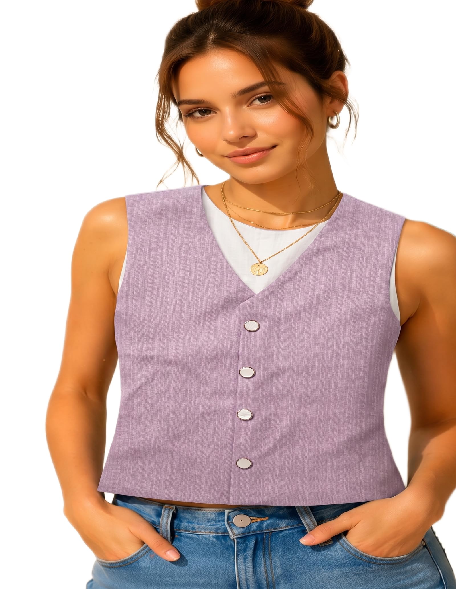 Women's Formal Casual Lilac Vest, Sleeveless Button-Down Tailored Top-image-34