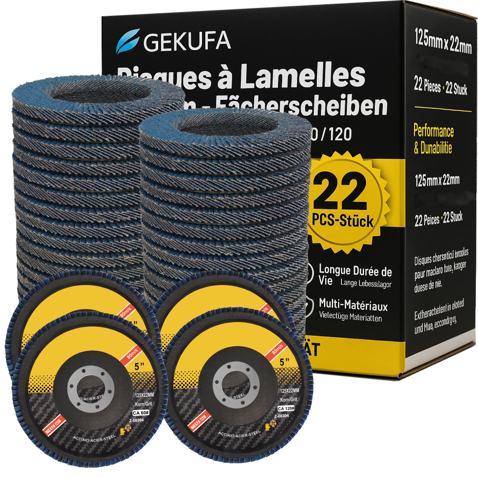 Disques à lamelles 125 mm – lot de 22 pièces (grains 40/60/80/120) – type T29 – disques abrasifs – pour métal et bois, adaptés aux meuleuses d’angle
