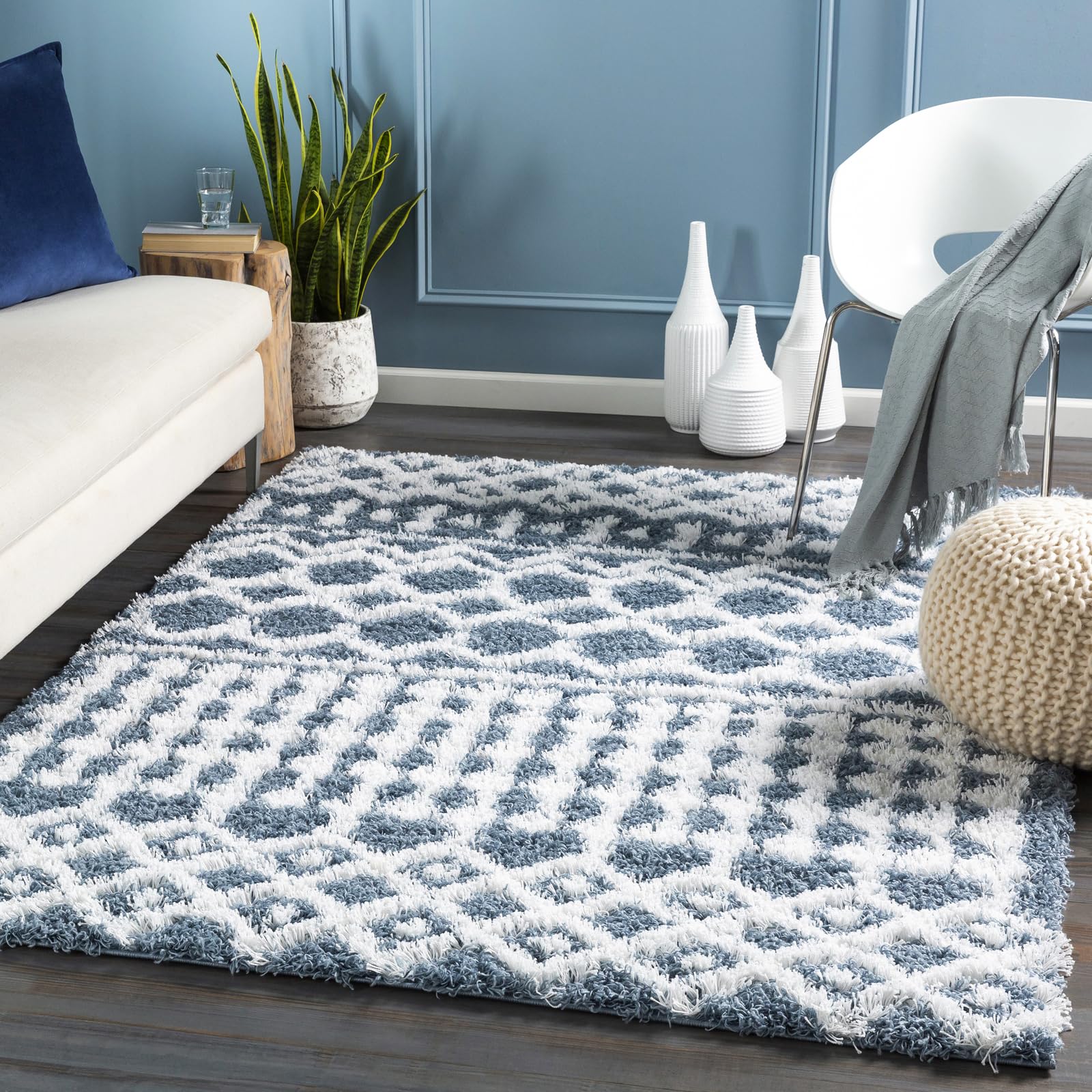 Livabliss Nour Dubai Shaggy Carpet 200x290 cm – Modern Berber Style for Living Room & Bedroom, Soft Plush Thick Pile, Easy Care Floor Covering, Dark Blue White