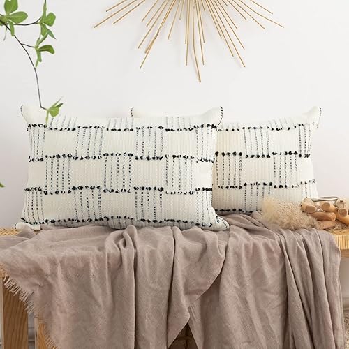 Juego de 2 fundas de almohada bohemias de 12 x 20 pulgadas, fundas de almohada decorativas lumbares, fundas de almohada tejidas en blanco y negro