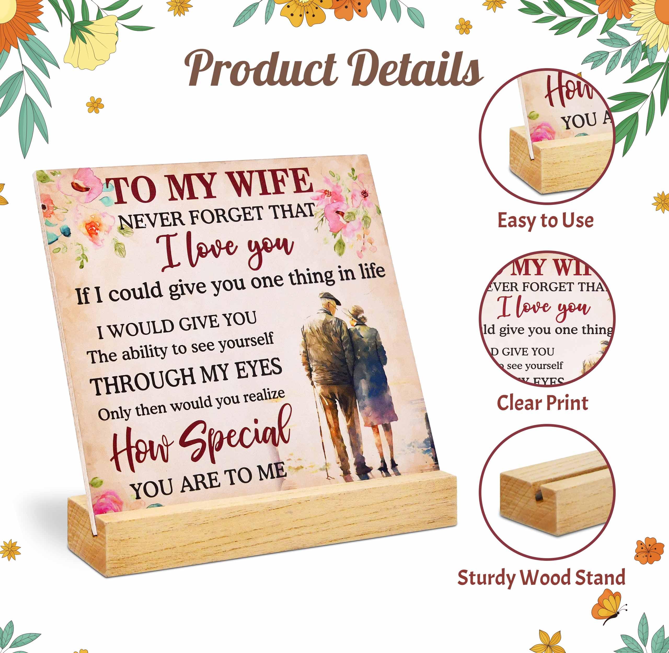 Romantic Gift for Wife Plaque with Wooden Stand, Love Quote Sign for Wife, Anniversary Birthday Valentine’s Day Christmas Gift for Her Decor