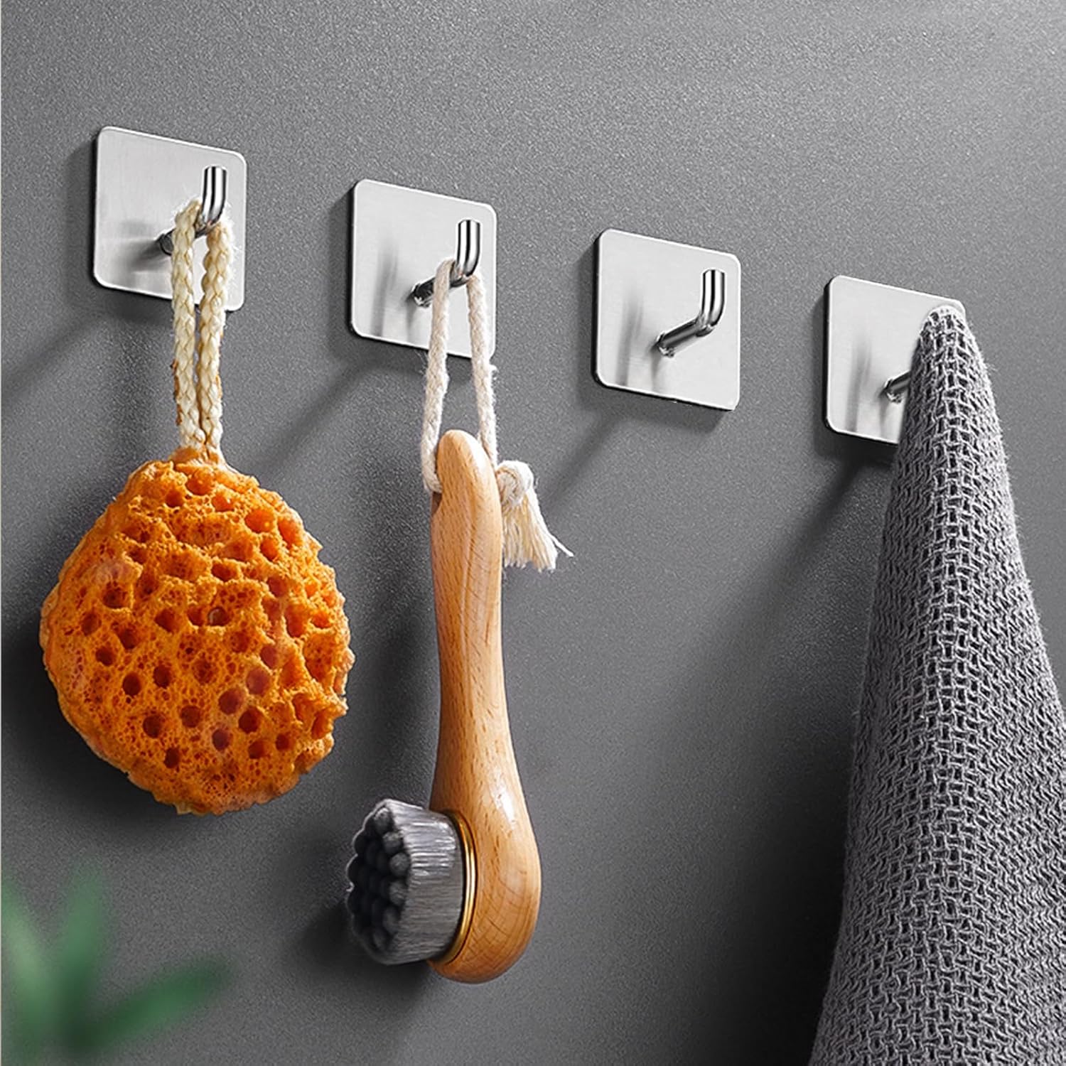 SetSail Adhesive Towel Hooks for Bathrooms Wall Mounted 4 Packs Stainless Steel Silver Towel Hook Heavy Duty Wall Hooks for Coat Hanging