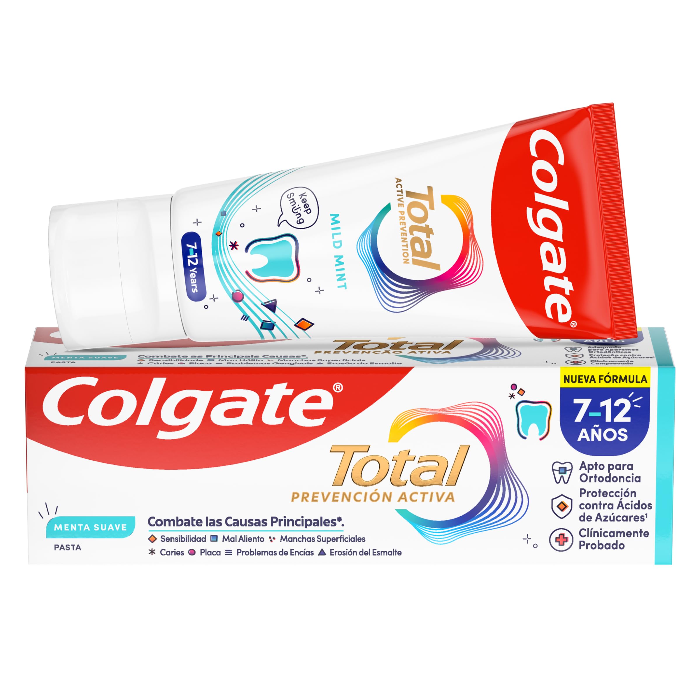Colgate Total Junior Lot de 12 dentifrices pour enfants, 50 ml, protection complète, dentifrice contenant du fluor, protection anti-caries, ingrédients antibactériens, produit recyclable