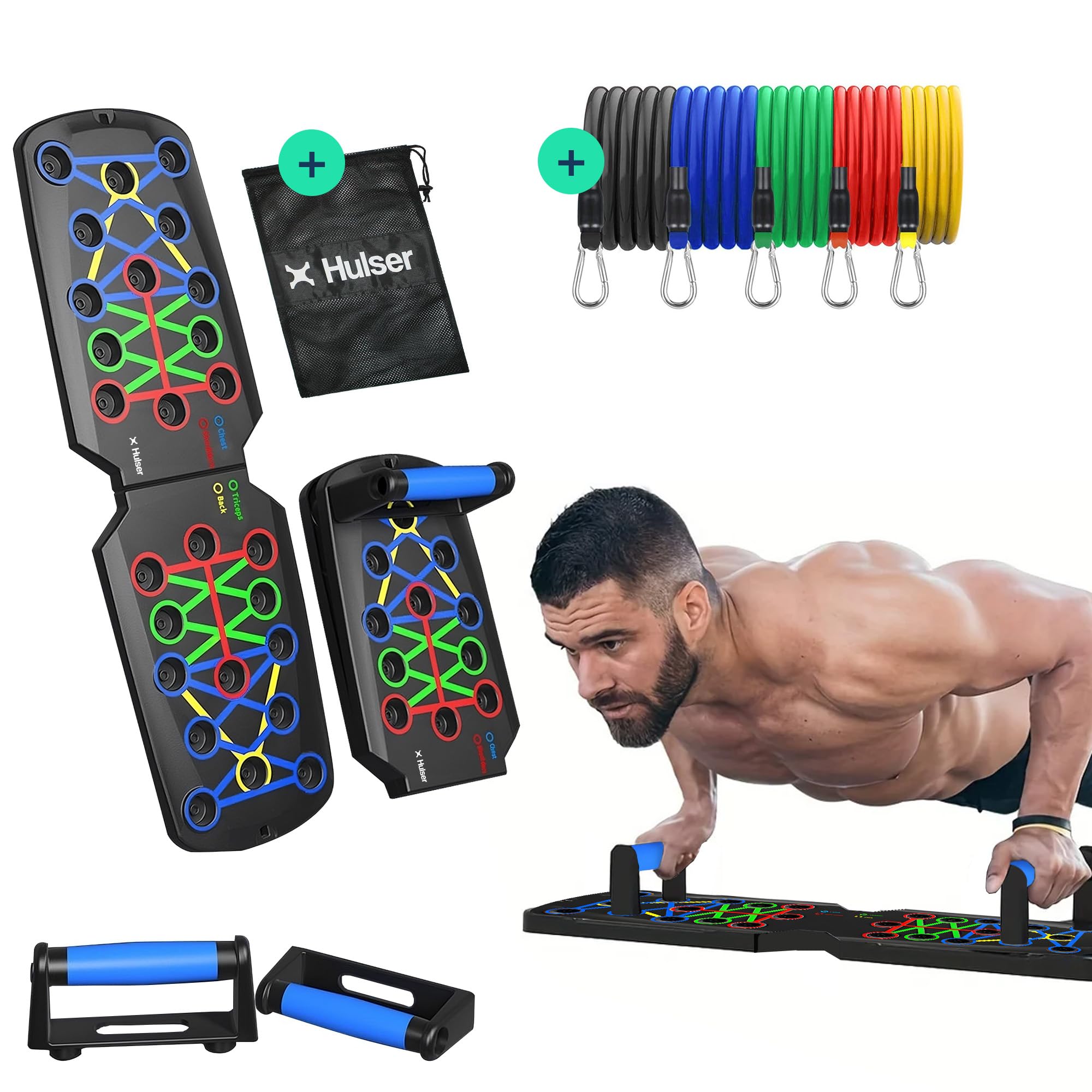 Hulser Liegestütze Brett - 14 in 1 - Faltbares Liegestütz-Brett - Push-up board für Krafttraining - Liegestütz-Griffe für Effektive Liegestützen
