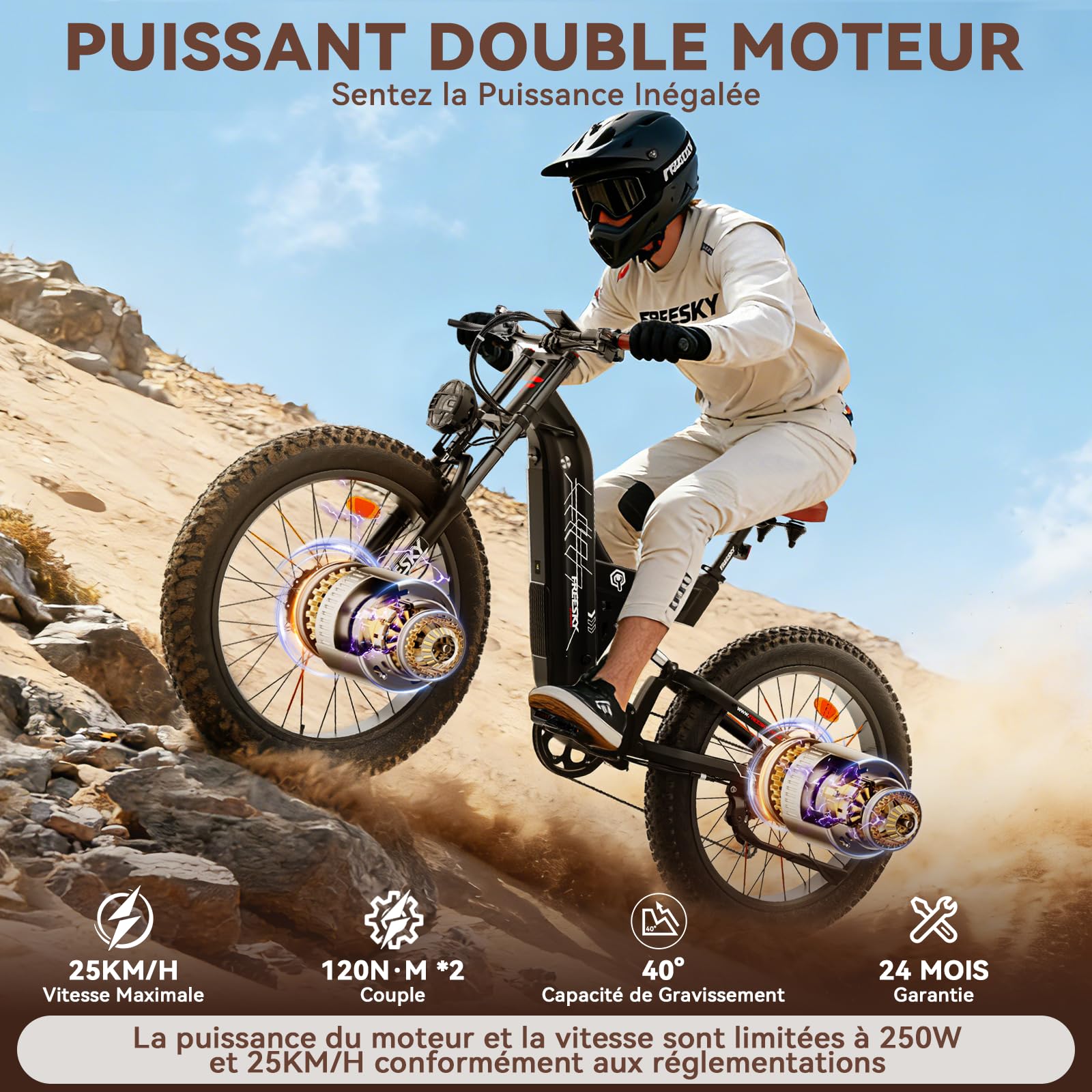 FREESKY 2026 Warrior Pro Vélo électrique Double Moteur 48V 30Ah Samsung Batterie Amovible VTT électrique Adulte 26" Suspension Intégrale 100-190km Autonomie Écran LCD 7 Vitesses
