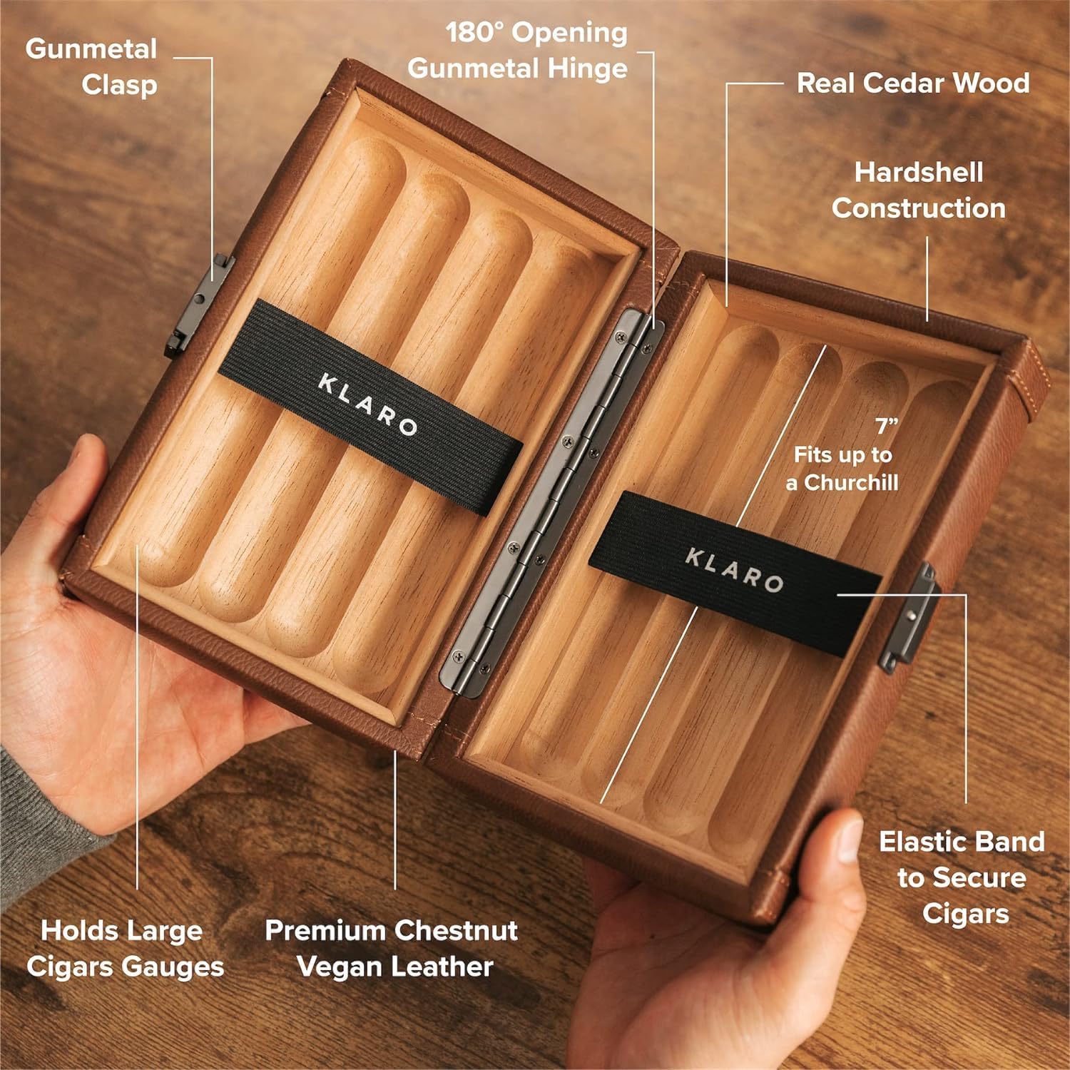 CASE ELEGANCE Maxwell 8-Cigar Travel Protective Hard Case, Chestnut Brown Vegan Leather, Spanish Cedar Lined, 180 Degree Opening, Gunmetal Hardware, Holds Large Cigars