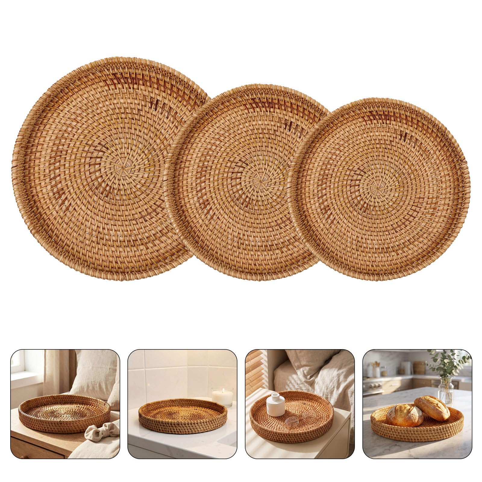 3 Pezzi Cesto Rotondo in Rattan Intrecciato Artigianalmente,