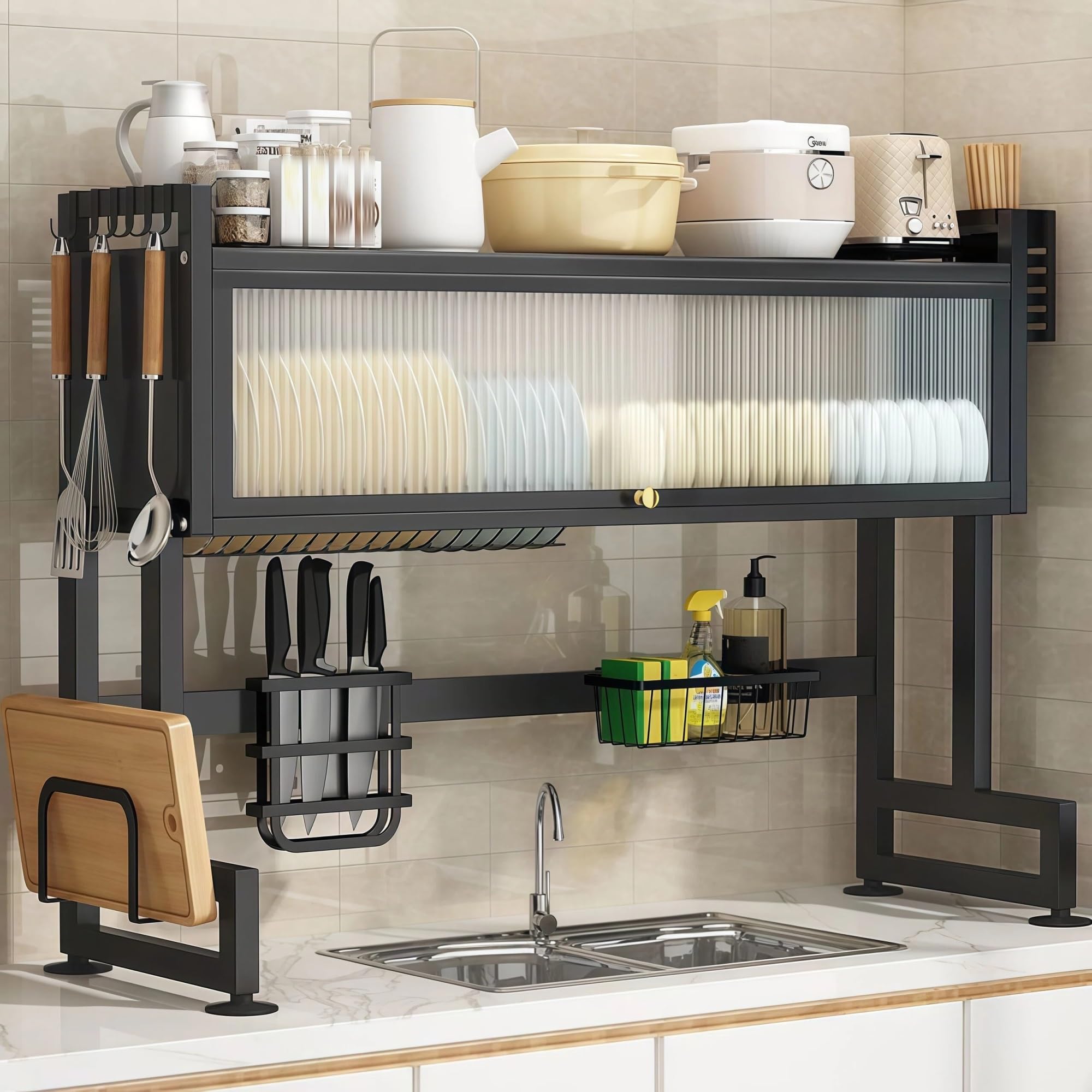 Spülen-Überbauregal für Küche | Platzsparendes Abtropfgestell mit staubfreier Schranktür und Werkzeughalter(Nero,29"/75cm)