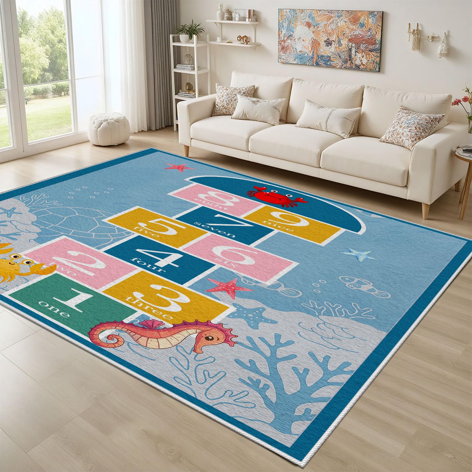 Hüpfspiel Meer Teppich Schlafzimmer 120x180 cm, Zahlen Hopscotch Waschbarer Antirutschmatte Teppiche Kinderzimmer Seepferdchen Carpet Weich für Wohnzimmer Jugendzimmer